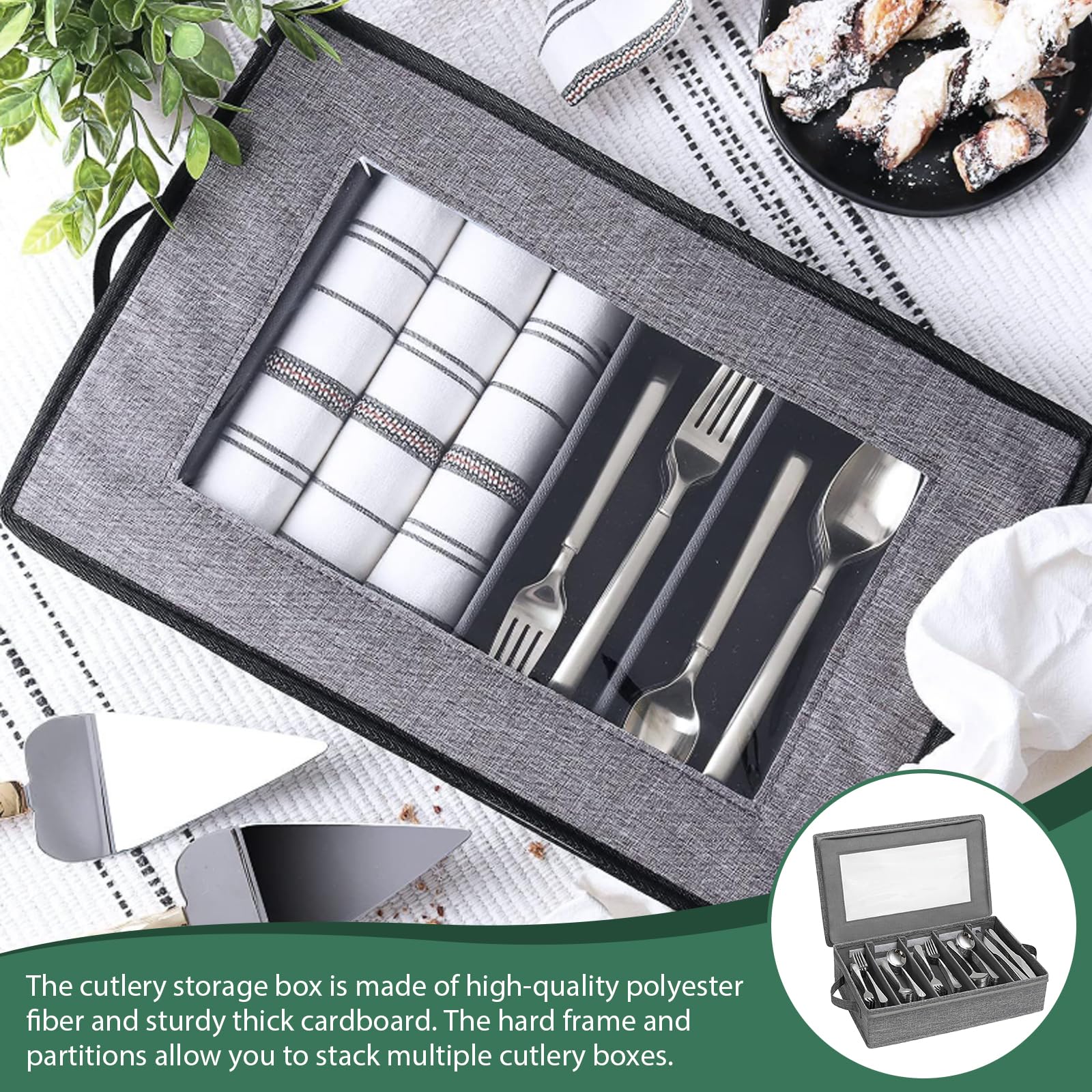Portaposate con coperchio, contenitore per posate, scatola portaposate con 5 scomparti regolabili, per coltelli, forchette, cucchiai, cucina, ristorante e campeggio (43 x 26 x 10 cm)