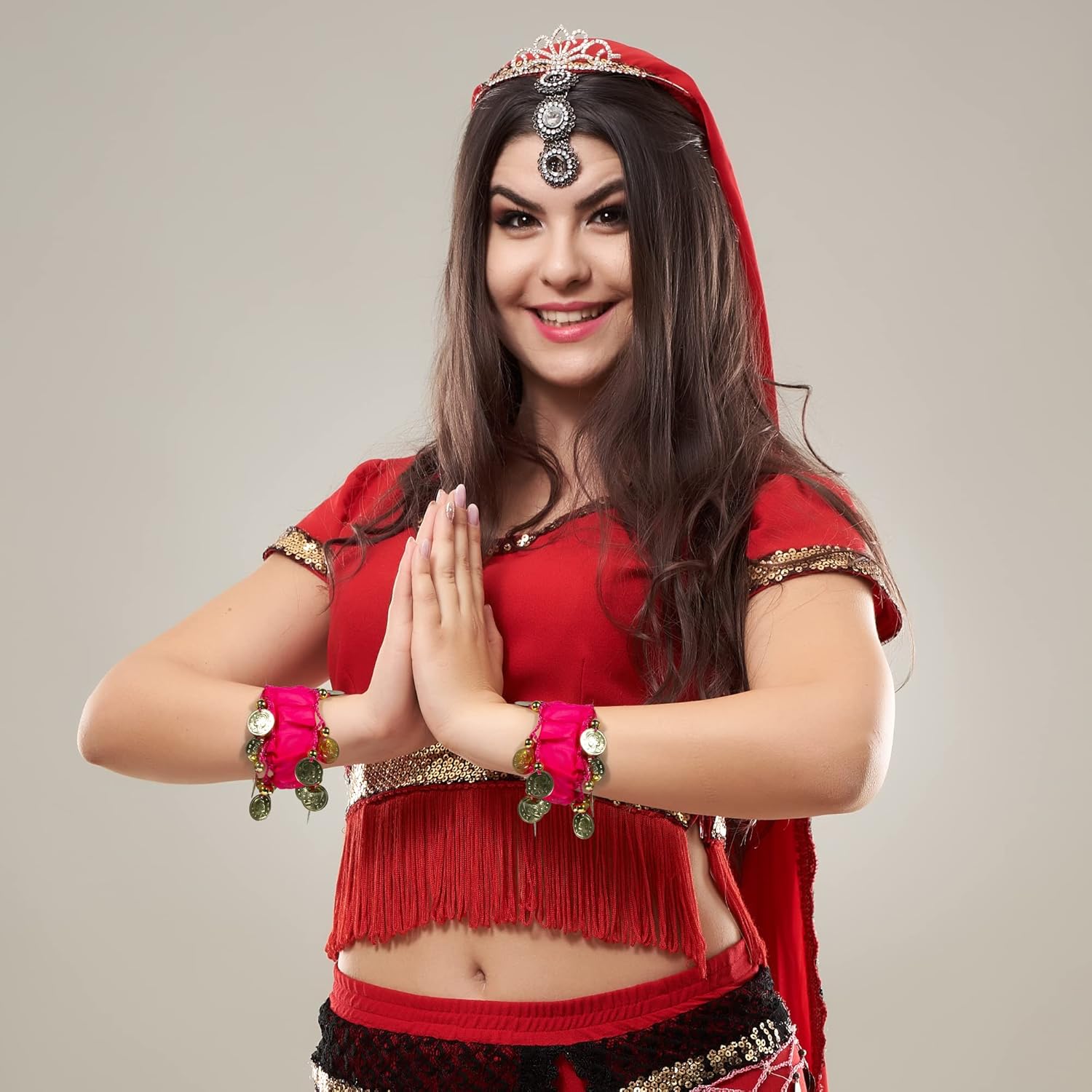 FVVMEED 6 쌍 밸리 댄스 스트레치 팔찌 골드 코인 팔찌 밸리 댄스 팔찌 앵클릿 쉬폰 손목 커프 발목 의상 여성용 액세서리 소녀  할로윈 드라마 배우 줌바 클래스-Freehip.co.kr