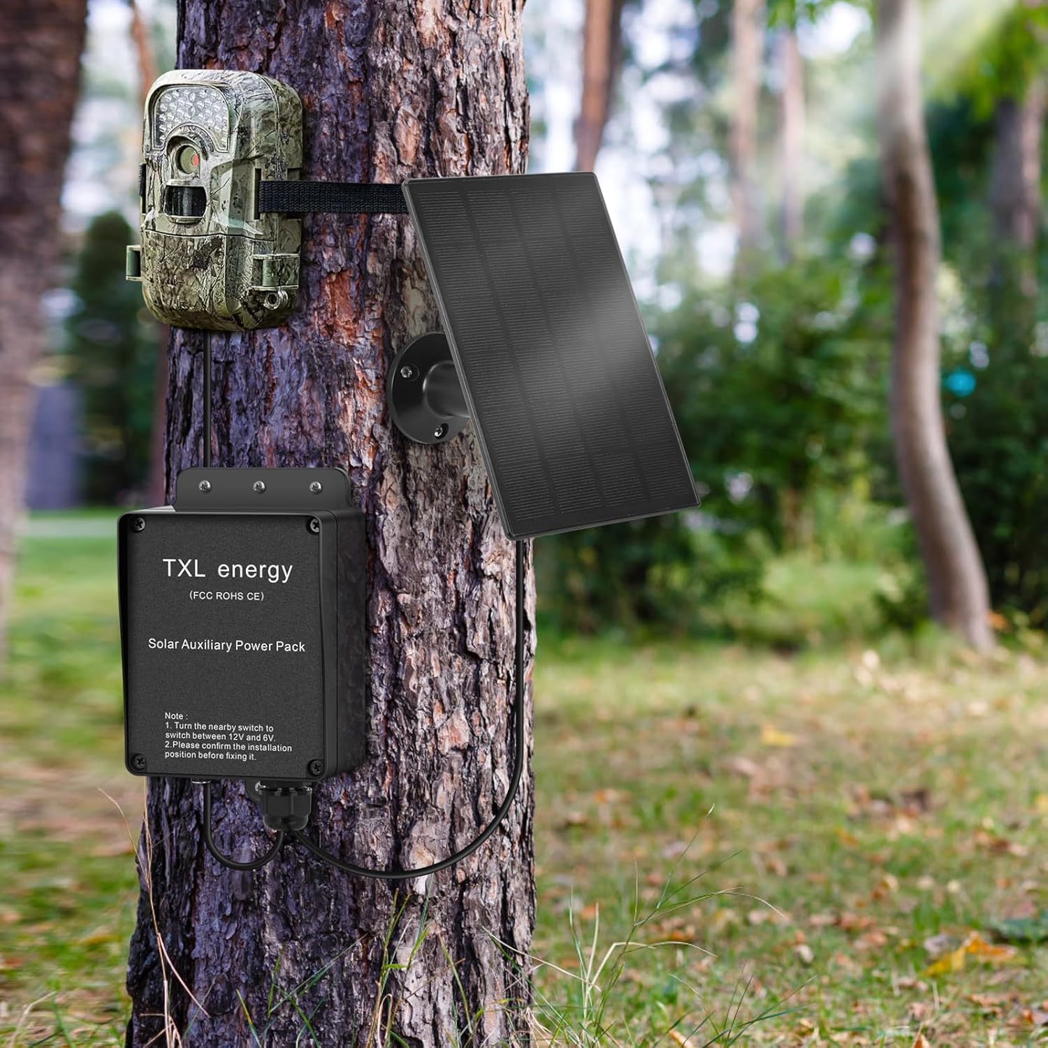 TXL Trail Camera 6V/12V Solar Auxiliary Power Pack with Durable Weather-Resistant Case and External Power Socket Charger for Stealth Hunting Cameras, 10ft Cable Included