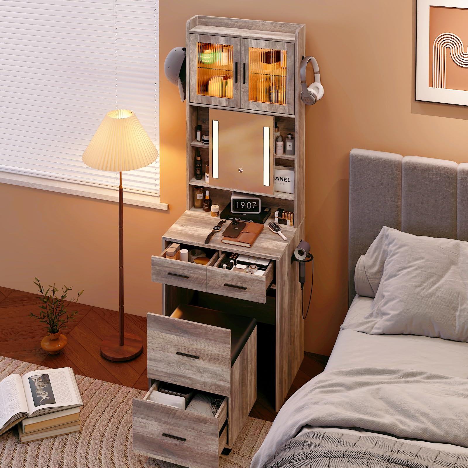 VINGLI 3 in 1 Vanity with Sliding LED Lighted Mirror & Padded Stool on Wheels, Small Makeup Vanity with 3 Drawers & 2 Cabinets, Compact Vanity Set