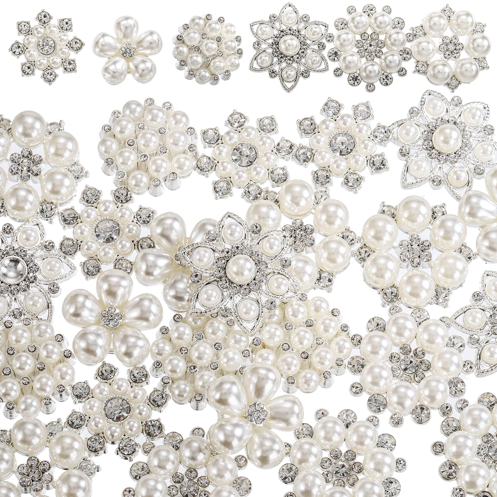 Frcctre 30 Pack Pearl Rhinestone Buttons, 6 Styles Embellishments Button Faux Pearl Button, Flat Back Flower Crystal Buttons for DIY Craft Jewelry Making Wedding Bridal Bouquet Party Home Decoration - Image 3