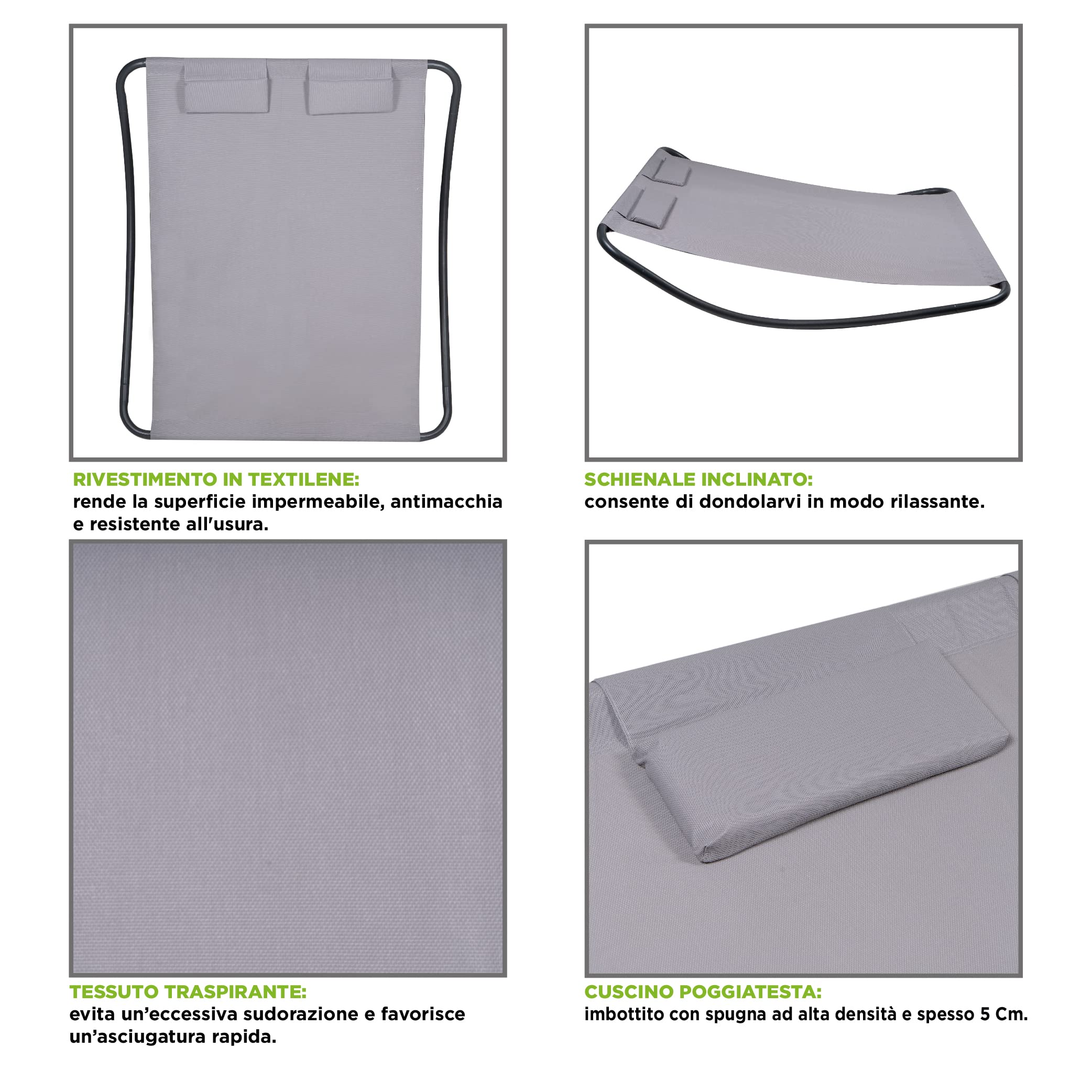 Hortan Lettino Matrimoniale Prendisole con Seduta Ergonomica In Tessuto Textilene, Cuscino Poggiatesta e Struttura A Dondolo In Acciaio Per Arredo Esterno, Giardino, Piscina e Terrazzo