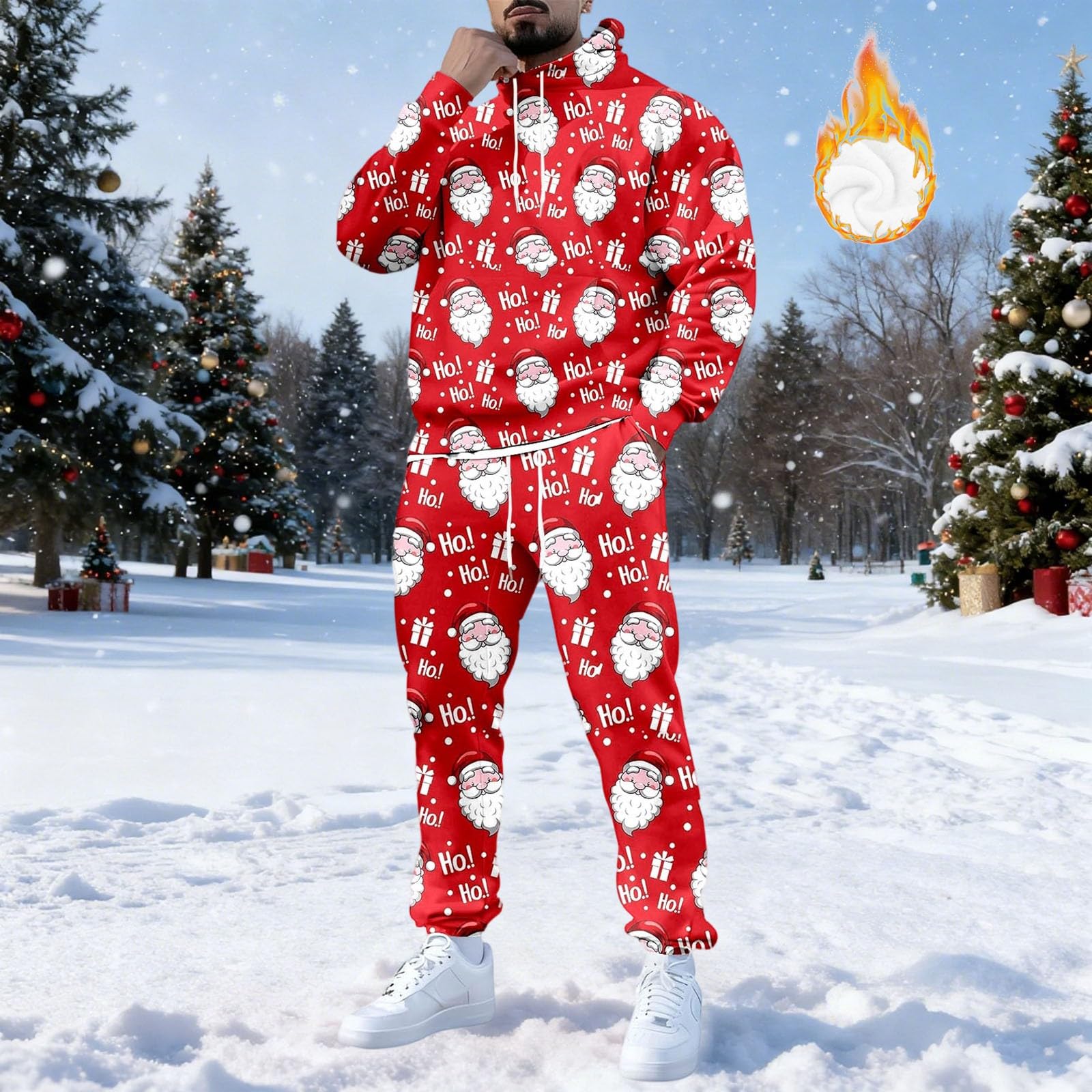 Generisch Świąteczny dres męski do joggingu, świąteczny dres treningowy, zestaw świąteczny, zabawny, świąteczny strój z kapturem i spodniami do biegania