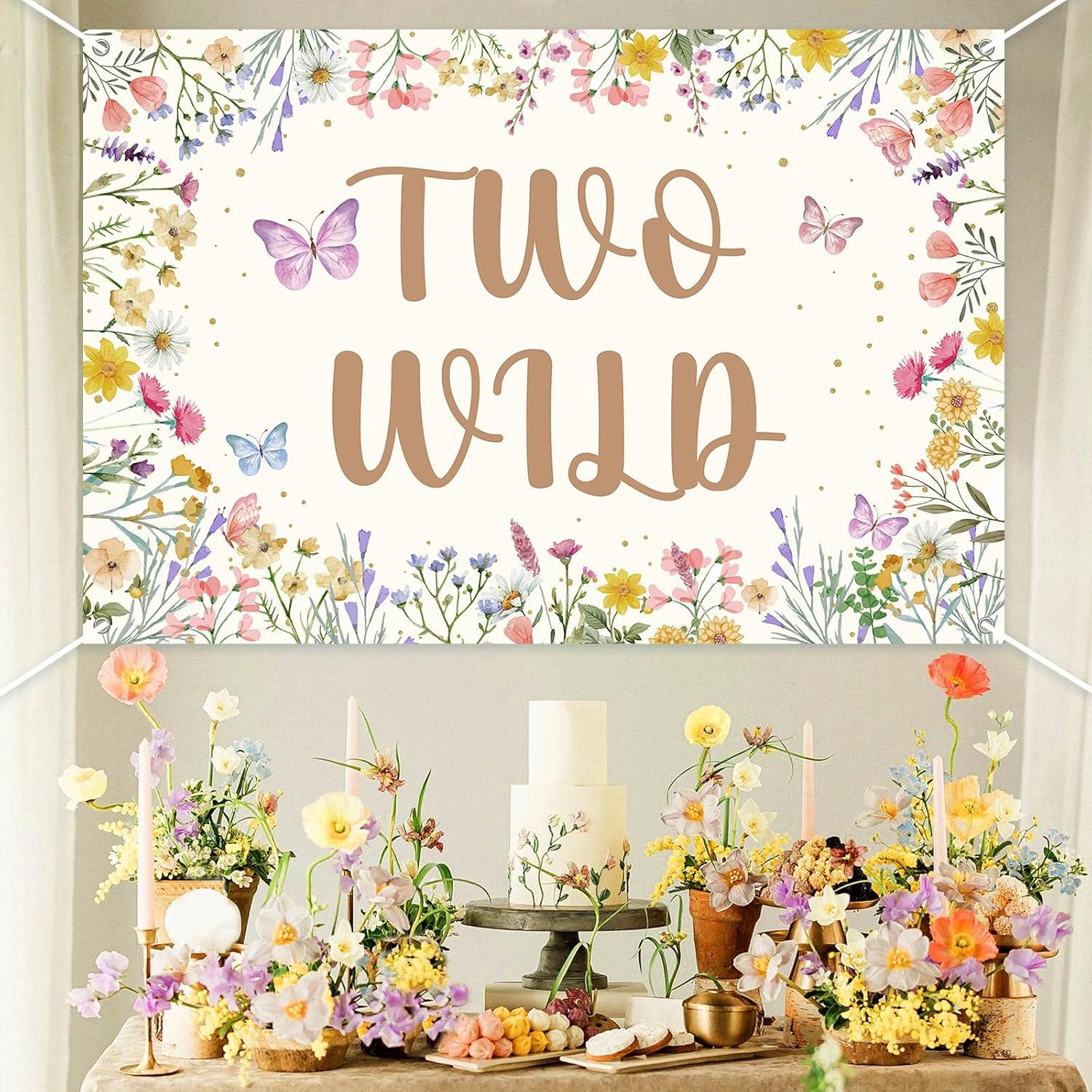 5x3ft Two Wild Wildflower Backdrop - Wildflower 2nd Birthday Decorations Girl, Watercolor Floral Themed Flower Daisy Butterfly Photography Background for Second Birthday Party