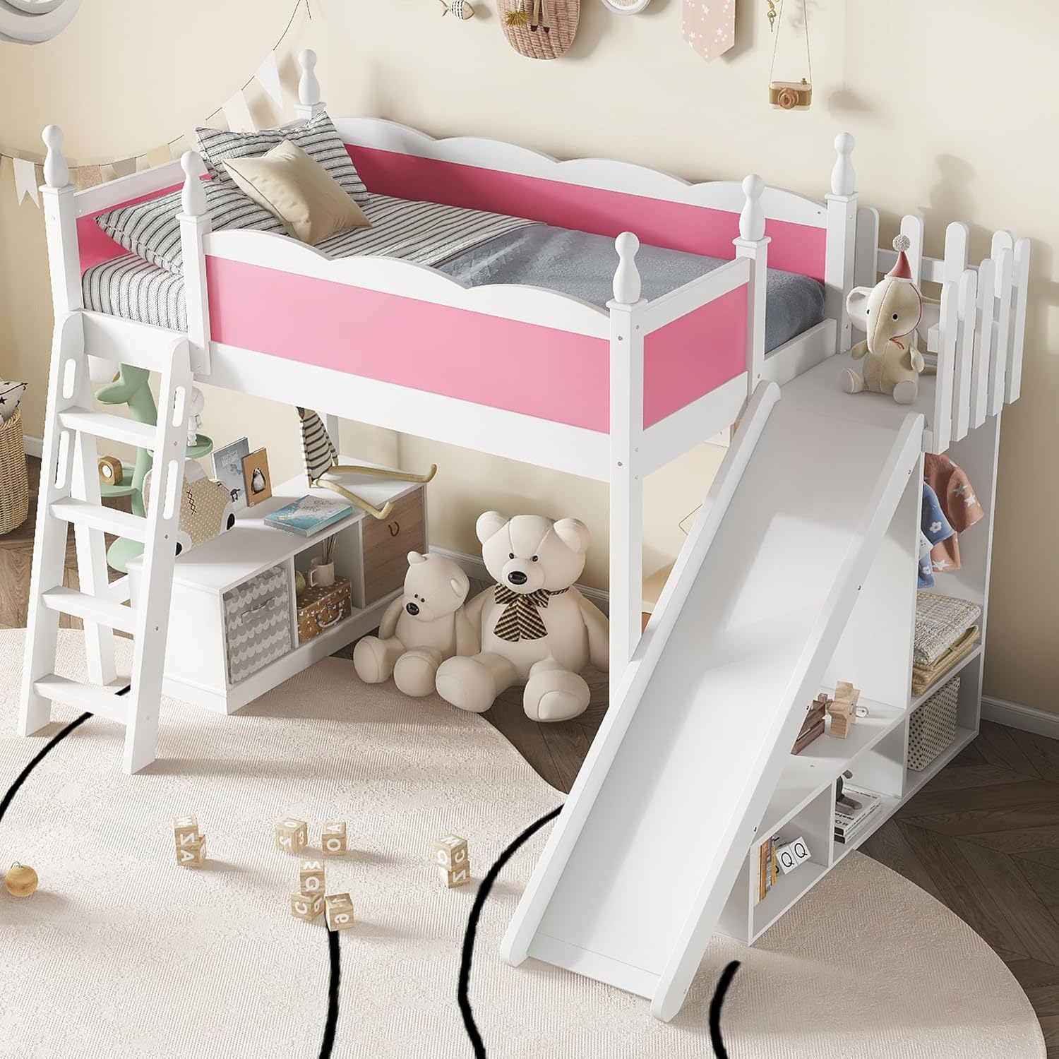 Bellemave Twin Size Loft Bed with Slide, Storage Shelves and Wardrobe, Twin Loft Bed with Ladder & Rails, Loft Beds with Detachable Slide and Ladders, Used for Apartment, Dorm, Room Pink