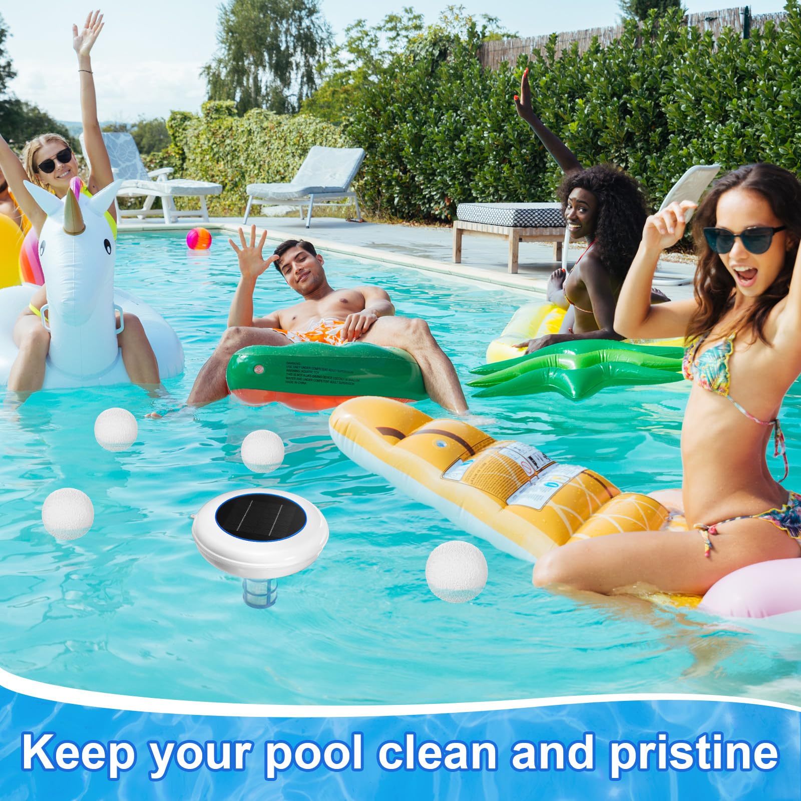 Qualirey 1 juego de ionizador de piscina solar flotante limpiador y purificador de agua, mata algas en la piscina, 85% menos de cloro, con 4 piezas de bola eliminadora para piscinas y spas de agua