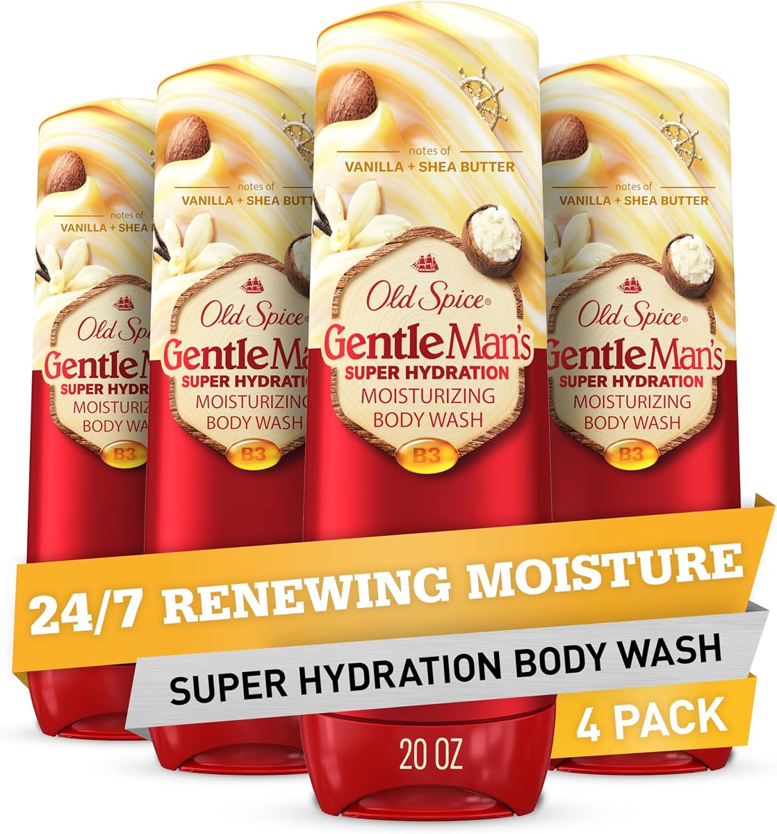 Body Wash GentleMan’s Super Hydration for Men, 24/7 Renewing Moisture, Gentle on Skin with Skin Conditioners, Vanilla + Shea Butter Scent, 20 oz (Pack of 4)