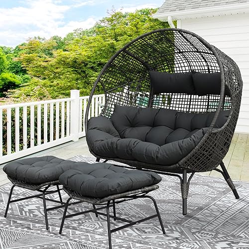 NICESOUL Luxury Double Egg Chair with Footrest & Cushions, Two Person Wicker Eggshell Chair Large with Ottoman, 2 Person Loveseat Comfort Deep Seating for Interiors Exteriors Xmas Gift Dark Gray