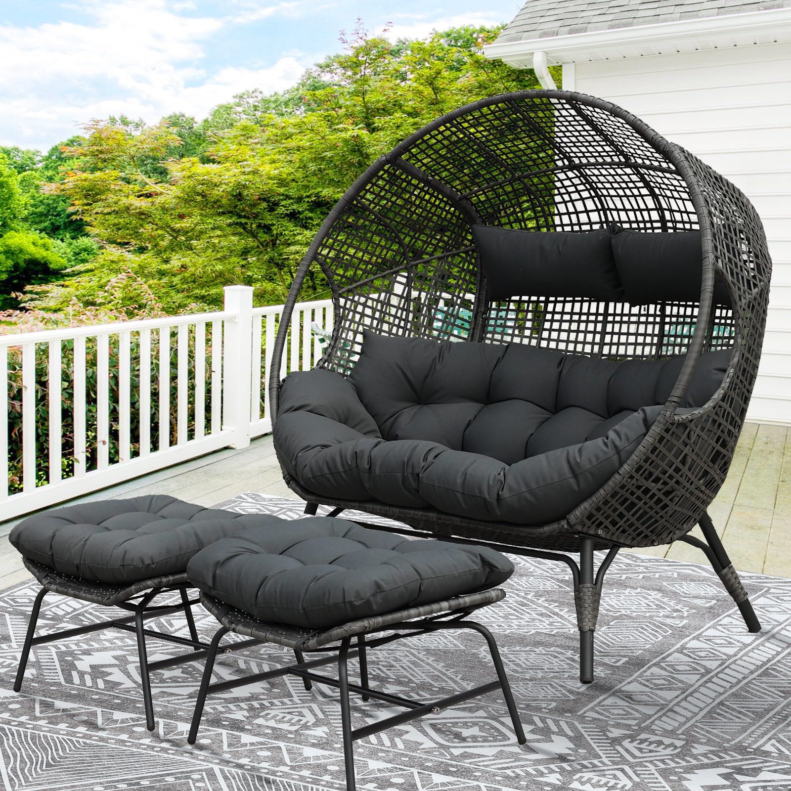 NICESOUL Luxury Double Egg Chair with Footrest & Cushions, Two Person Wicker Eggshell Chair Large with Ottoman, 2 Person Loveseat Comfort Deep Seating