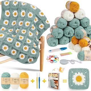 Coopay Granny Square Kit de Crochet pour Débutant et Pro, Crochet Kit pour Couverture à Marguerites, avec 2 Crochets, 22 Pelotes de Laine à Crocheter, Instruction en Français & Vidéo Étape par Étape