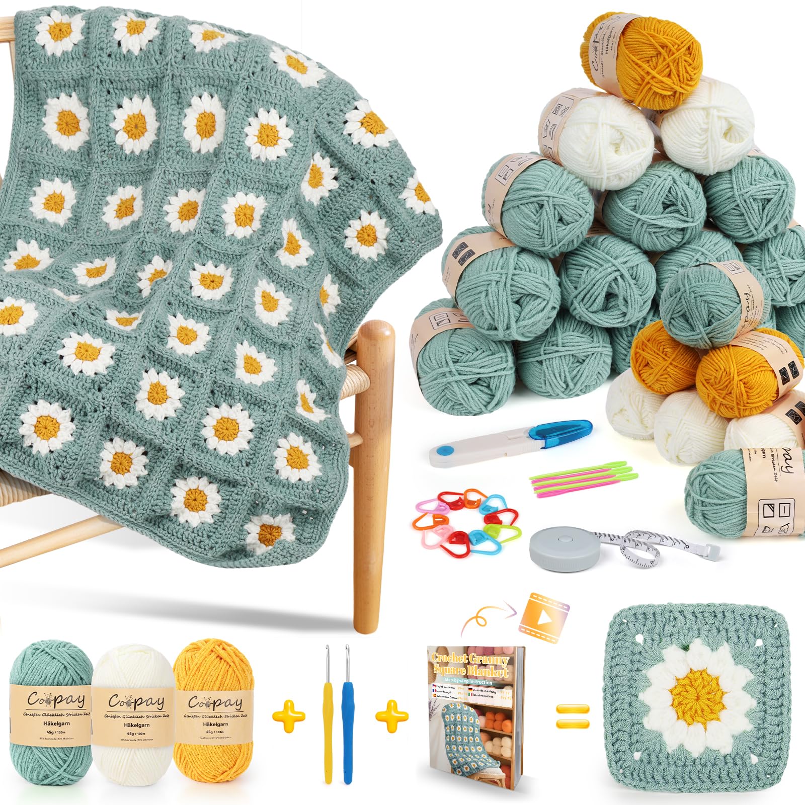 Coopay Granny Square Kit de Crochet pour Débutant et Pro, Crochet Kit pour Couverture à Marguerites, avec 2 Crochets, 22 Pelotes de Laine à Crocheter, Instruction en Français & Vidéo Étape par Étape
