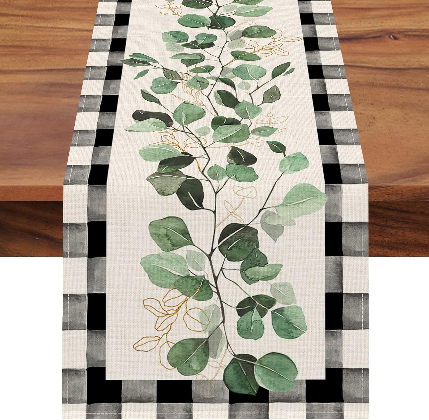 Seliem Spring Eucalyptus Leaves Greenery Table Runner, Black White Buffalo