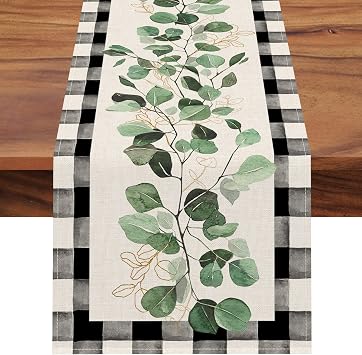 Seliem Spring Eucalyptus Leaves Greenery Table Runner, Black White Buffalo