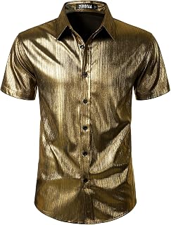Men 70s Shiny Short Sleeve Button Down Shirt Fashion Sparkle Disco Dress Shirts