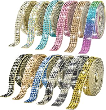 Abitoncc 12PCS Self-Adhesive Crystal Rhinestone Ribbon, Diamond Bling Ribbons Stickers 12-Rolls Bedazzling Strips, 12-Yard Mixed Colors for Crafts, DIY Projects, Wedding, Party, Shoes, Phone Cases