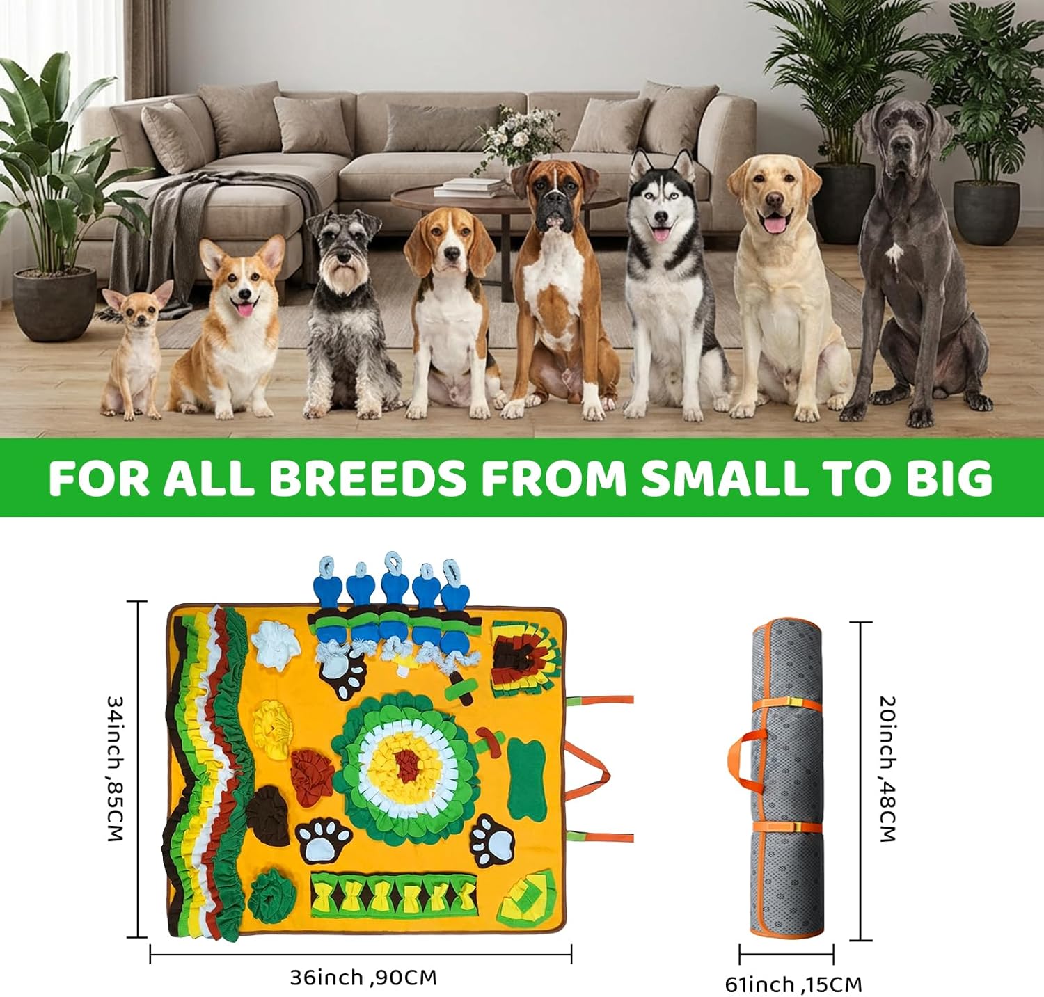 Snuffle Mat for Dogs Large Breed 36'' X 34'' - Interactive Dog Toys for Boredom - Sniff mat - Mental Stimulation - Enrichment Toys- Slow Feed- Washable & Foldable (A)