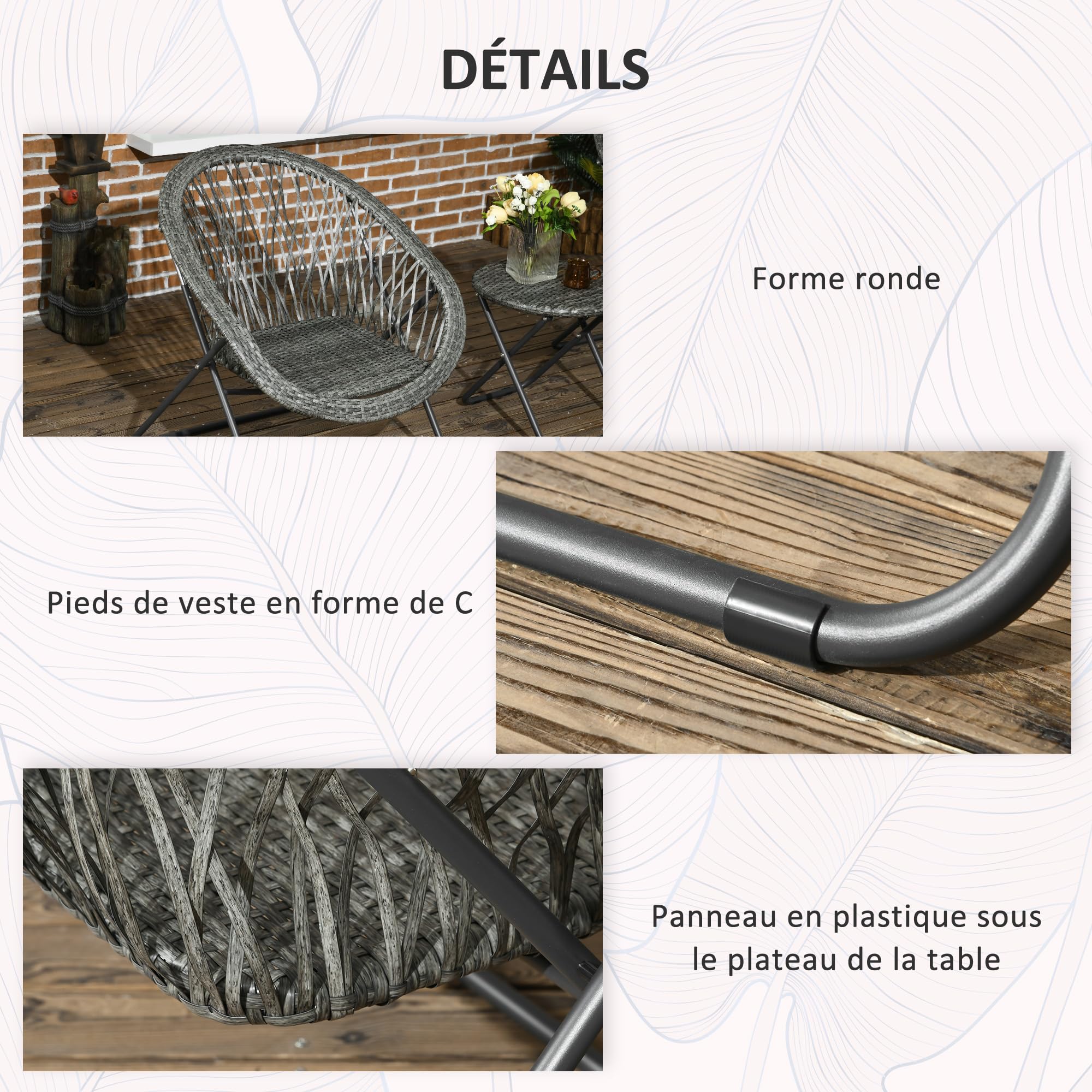Outsunny Salon de Jardin extérieur résine Ensemble Table et chaises 2 Personnes Pliables Acier Gris