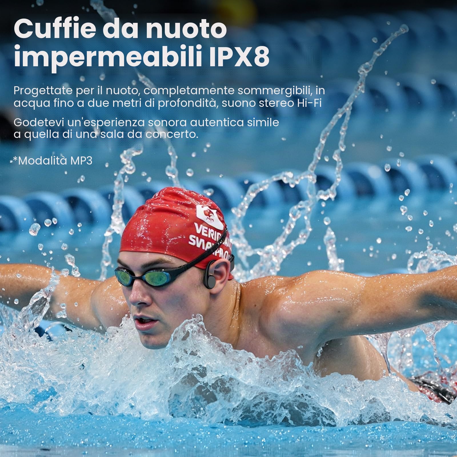 Cuffie per il nuoto, cuffie a conduzione ossea Bluetooth 5.4, IPX8 impermeabili, memoria integrata 32G cuffie sportive, cuffie subacquee open-ear senza fili con lettore MP3 per nuoto, corsa