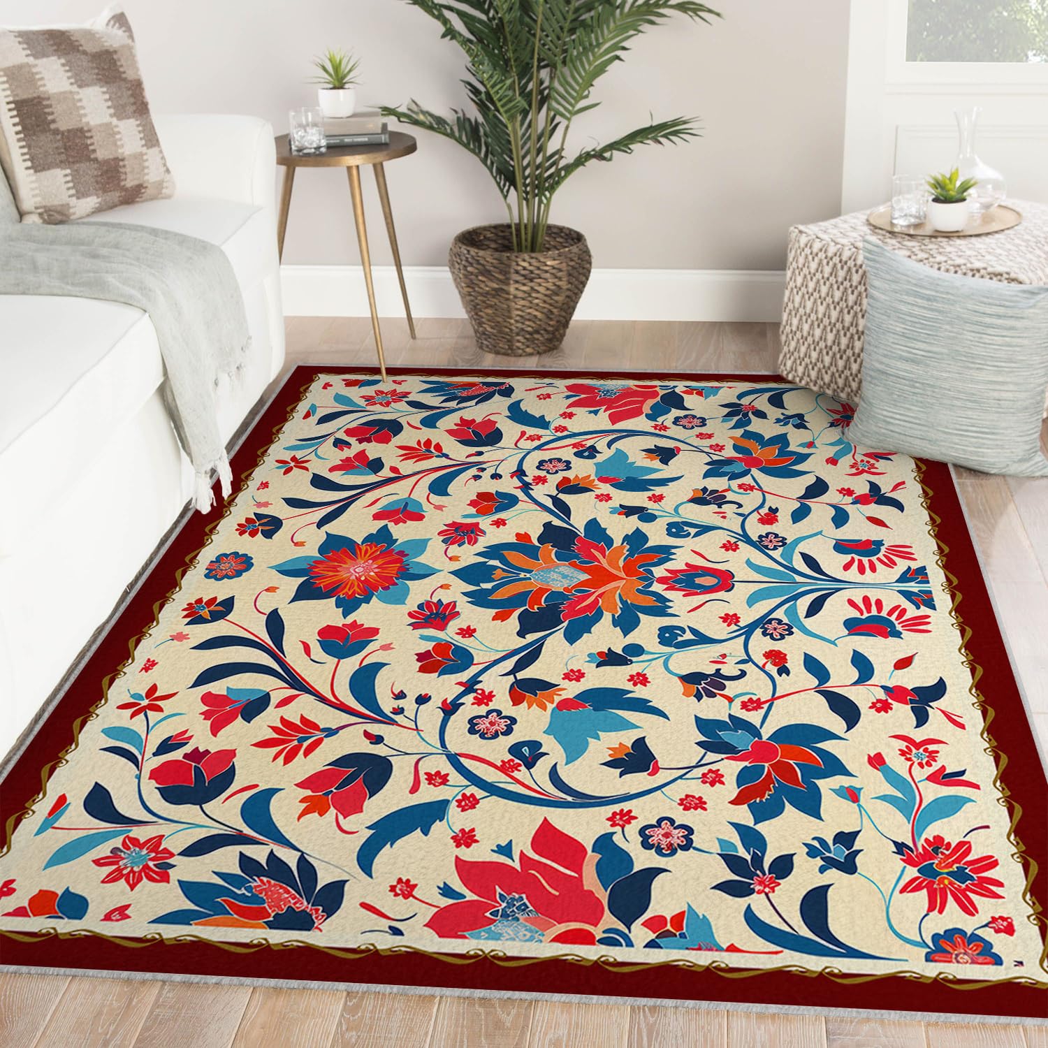 Dywan obszarowy 140x200 cm tradycyjny orientalny design dywaniki z kwiatowym nadrukiem niebieski i czerwony dywan z niskim włosiem dywan do obszarów o dużym natężeniu ruchu w salonie i sypialni