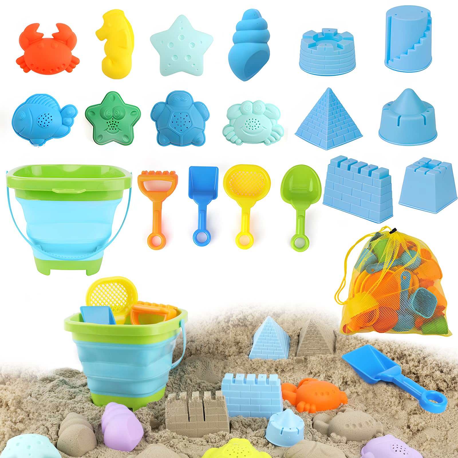 20PCS Beach Toys SetBucket and Spade Beach Set Kids With Collapsible Bucket Marine Animal Sand Moulds and Shovels in Mesh Bag, Sand Pit Toys Summer Water Toy for Toddlers Kid Boys Girls Age 2 3 4 5+