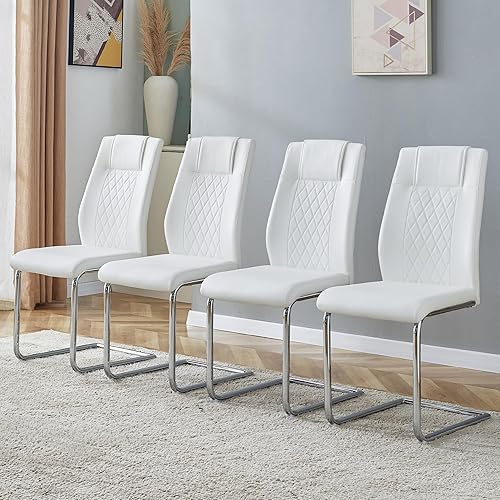 Miniatura 4 de Juego de 4 sillas de comedor, con asiento acolchado de piel sintética, sillas de comedor, silla tapizada con patas de metal para cocina, color blanco