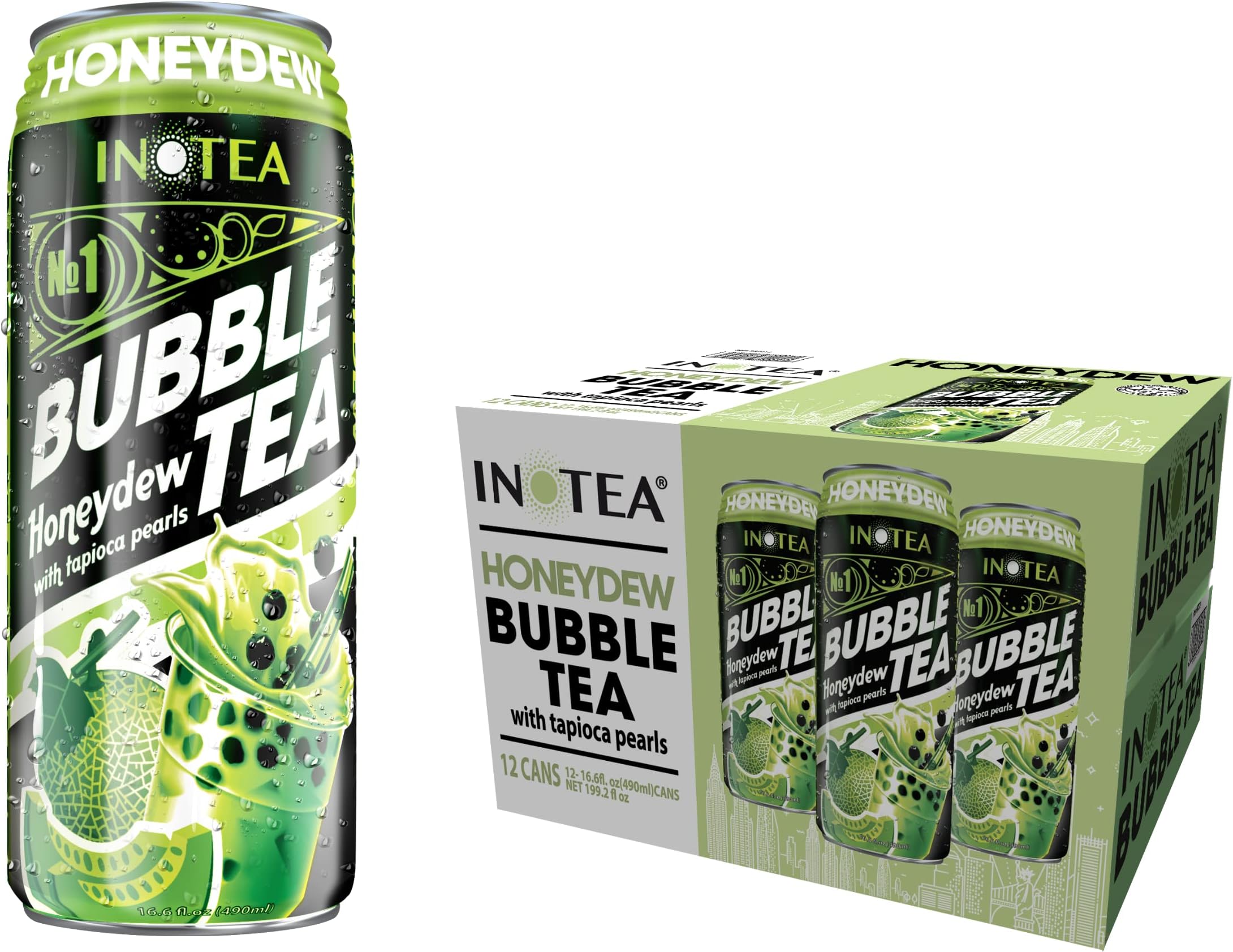 (Pack of 12) INOTEA Bubble Tea | Choose One from 5 Flavors: Brown Sugar, Taro, Honeydew, Banana, Matcha Latte | Ready to Drink in a Can (16.6oz/can) | Black Milk Tea with Boba (Honeydew)