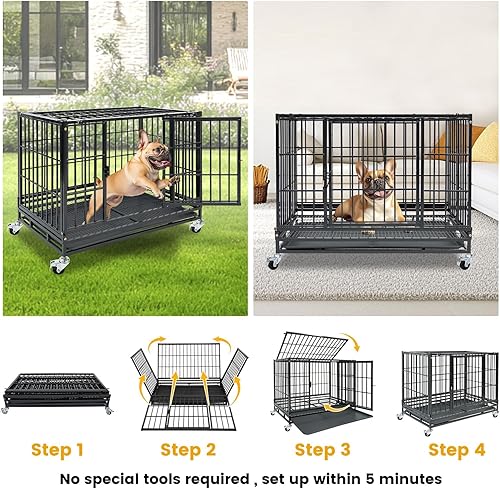 Miniatura 8 de Jaula apilable de 36 pulgadas para perros medianos y pequeños, jaula de perro indestructible resistente con acceso superior y ruedas bloqueables,