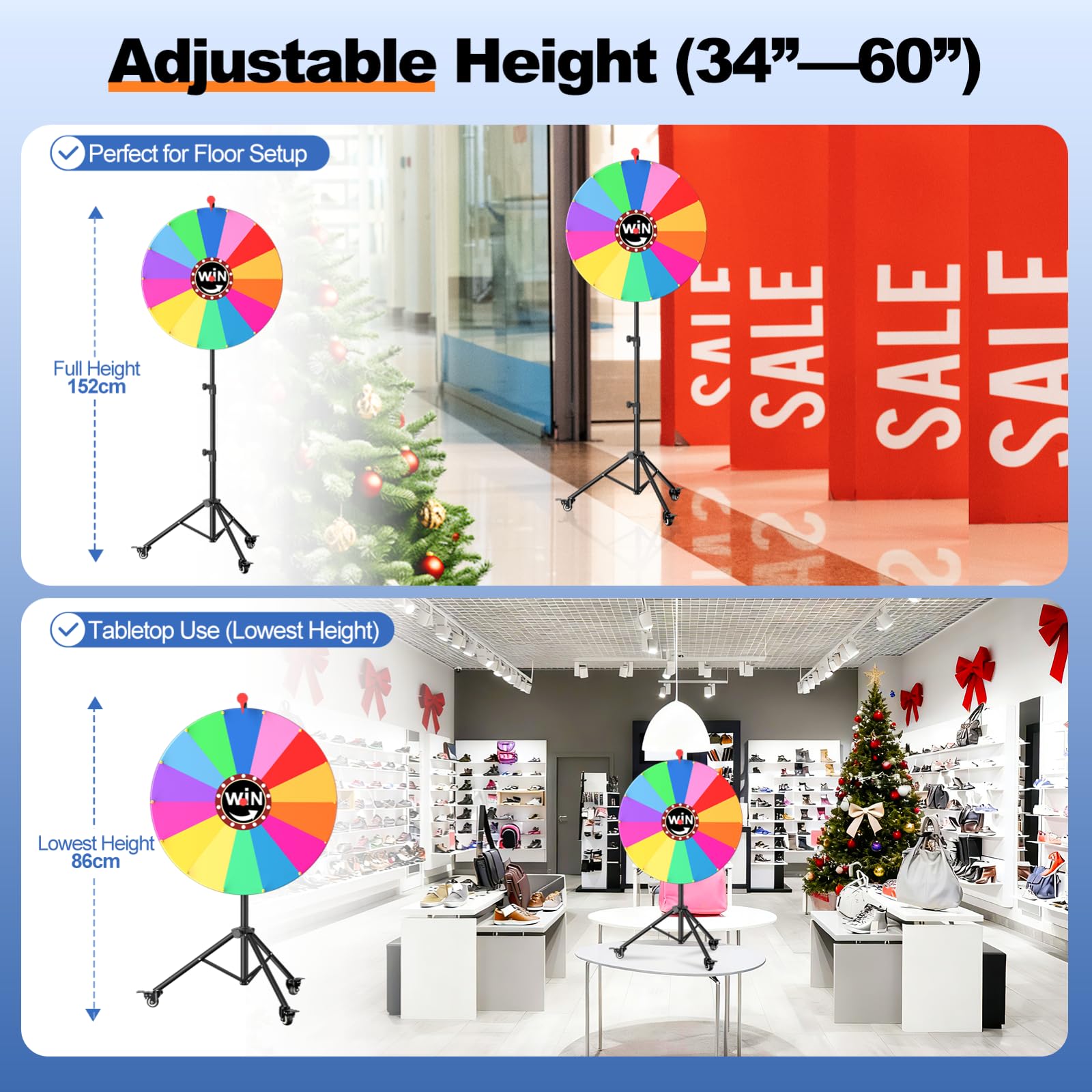61 cm Glücksrad, 14 Farben Abnehmbarer Drehendes Preisrad mit 360°-Drehrollen, EMART Glücksrad zum Drehen Groß Kritzelspiel mit Verstellbarer Stativständer 86-152cm