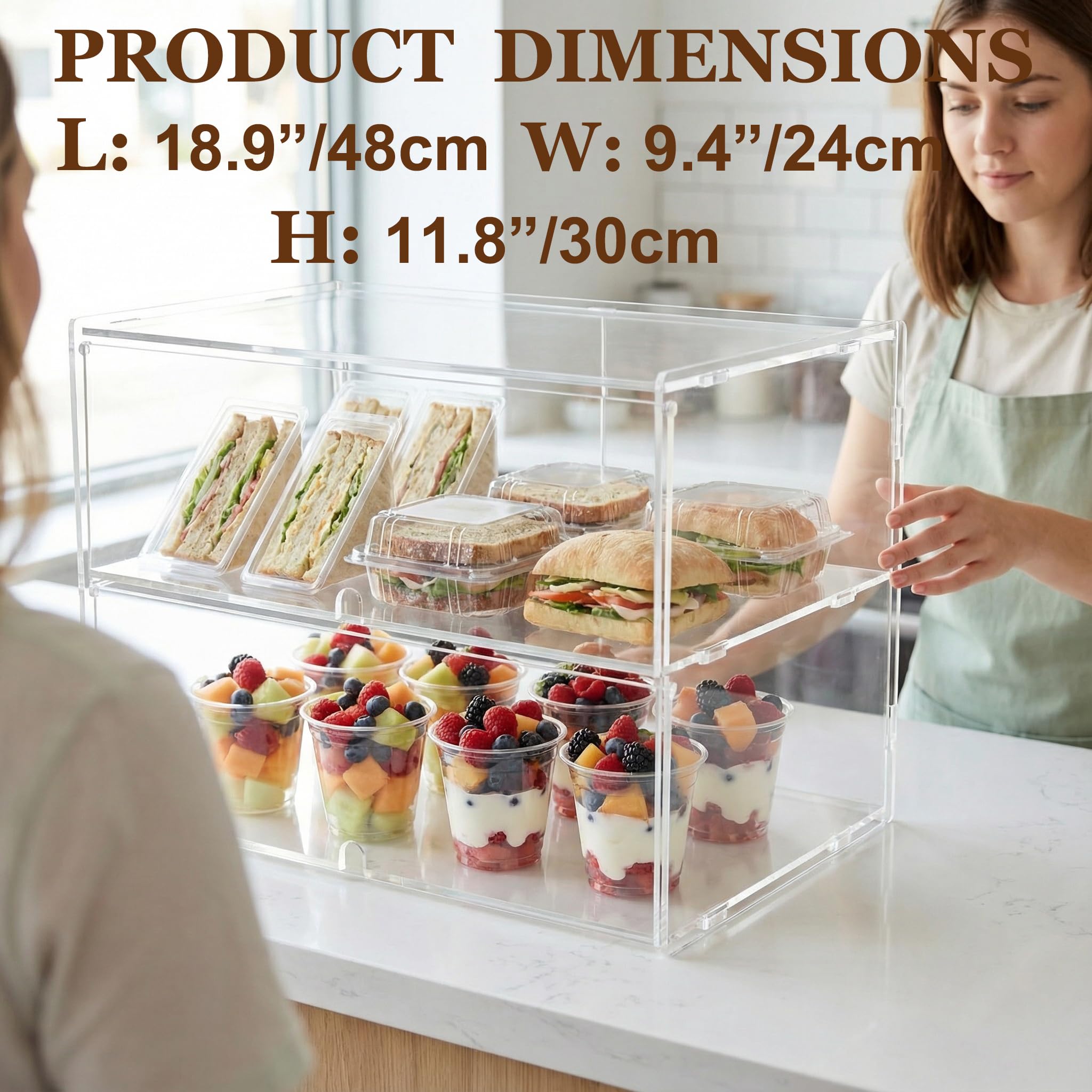 Vitrina de panadería de 2 niveles para encimera comercial, 18.9 x 9.5 x 11.8 pulgadas, caja de almacenamiento de acrílico para postre, donas, pan, pasteles, cupcakes, bagels y galletas