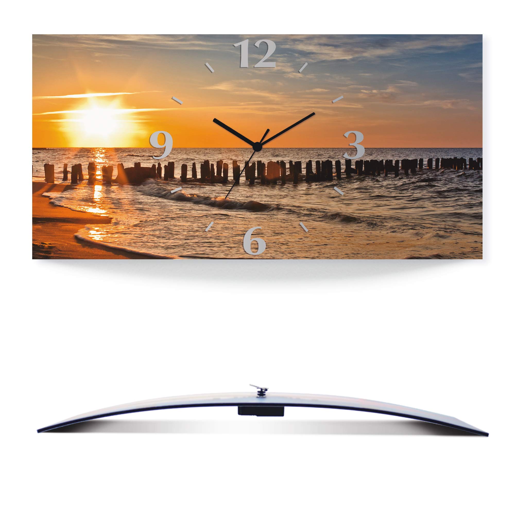 ARTLAND Wanddeko Wanduhr ohne Tickgeräusche Alu Quarzuhr 50x25 cm Rechteckig Lautlos Strand Meer Sonnenuntergang Sonne Urlaub Maritim T3ZU