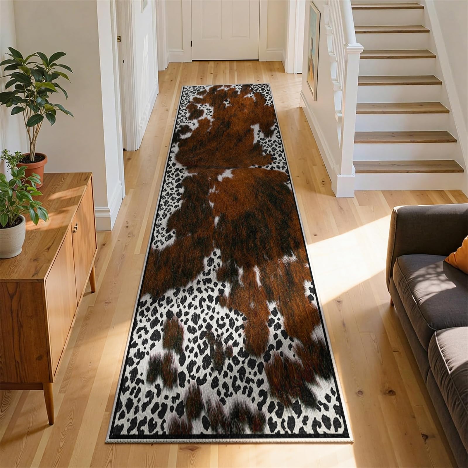 YJDRUG Vintage Cow Print Runner Rug 60x120cm, Luxury Brown Animal Cattle Pattern Carpet, Non-Slip & Machine Washable Rugs for Long Hallway, Entry Foyer, Dining Room & Bathroom