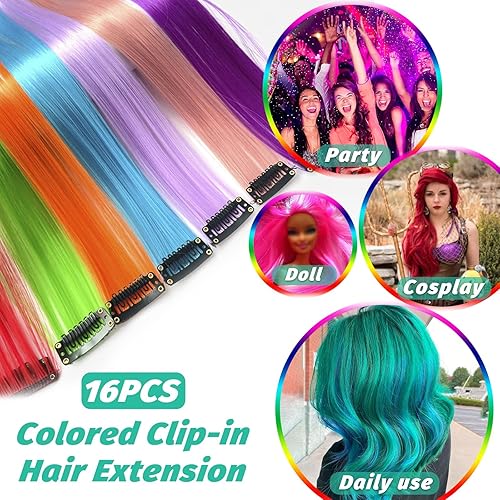 Miniatura 7 de 16 extensiones de cabello con clip de colores, extensiones de cabello sintético de 22 pulgadas con reflejos coloridos, rectas y largas, resistentes