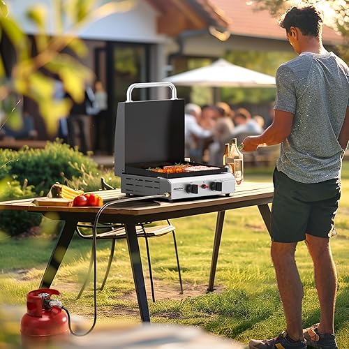 Miniatura 7 de ROVSUN Plancha de propano portátil de 2 quemadores con bandeja esmaltada y tapa, parrilla de gas de mesa de 20,000 BTU con encendido electrónico y