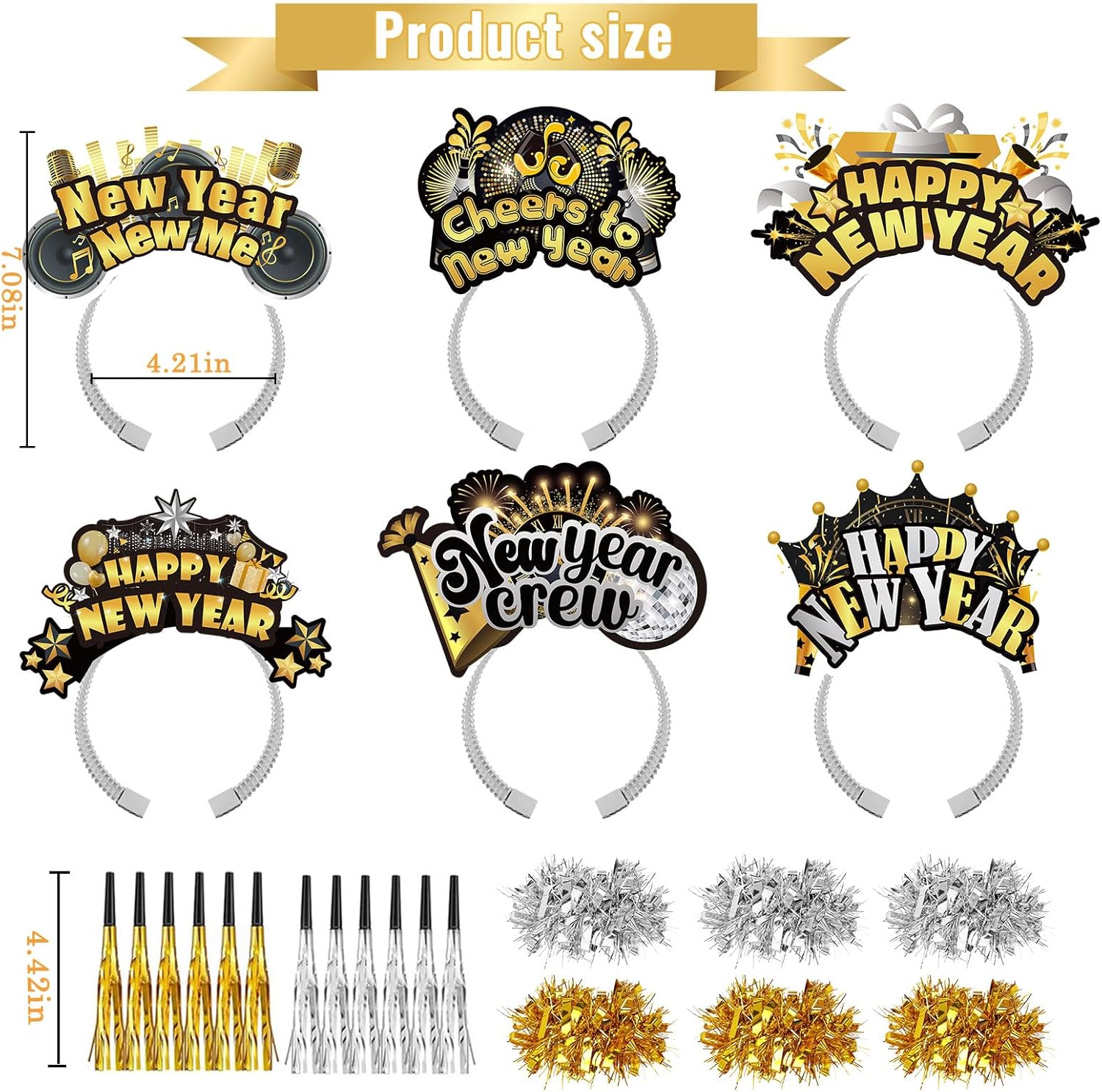 HOWAF 45 Pcs Black Gold silver New Year's Eve Party Supplies Kit, 2026 Happy New Year Eve Shiny Firework Party Supplies-New Year Headband Eyeglasses Noisemaker wreath for NYE Supplies 2026 - Image 4