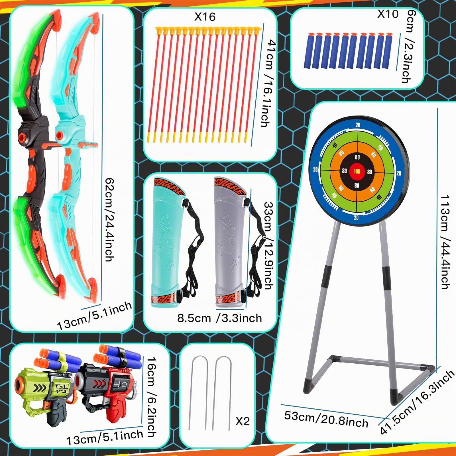 2 Pack Arco e Frecce per Bambini Set di Tiro con L'Arco con Luci LED 16 Frecce Giocattolo per Interni ed Esterni Regalo per Ragazzi e Ragazze di 4-12 Anni