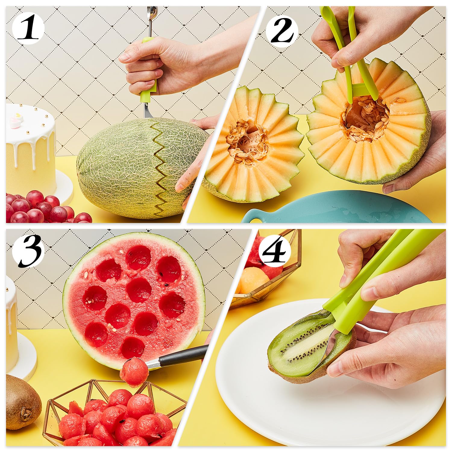 Patelai 2 Pieces Melon Baller Scoop Set, 4 in 1 Fruit Cutters Stainless Steel Watermelon Scooper and Ice Cream Baller for Dig Pulp Separator Fruit Slicer - Image 5