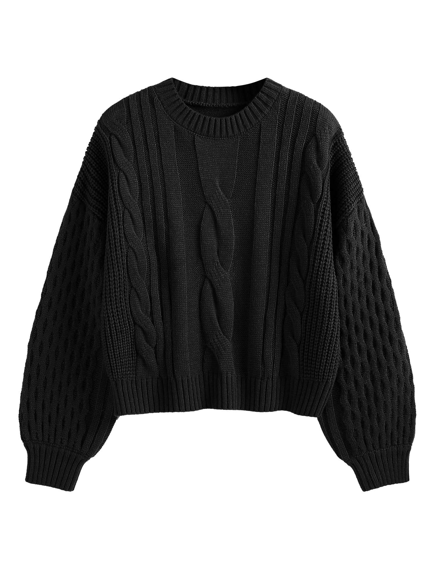 ZAFUL Women's Solid Knit Cable Sweater Casual Long Lantern Sleeve Pullover Crew Neck Knitted Tops