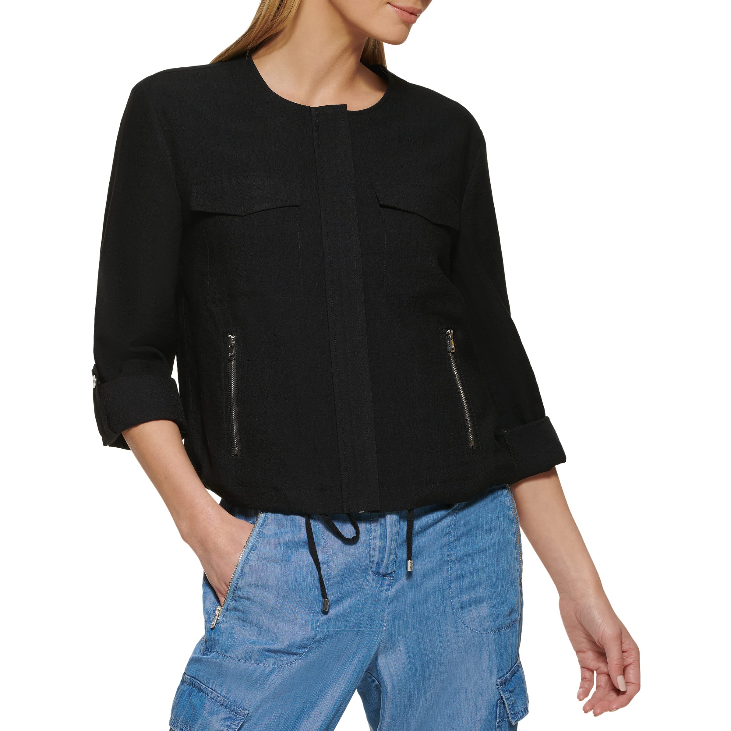 DKNY womens Drawstring Jacket Zip-up Lightweight Jacket