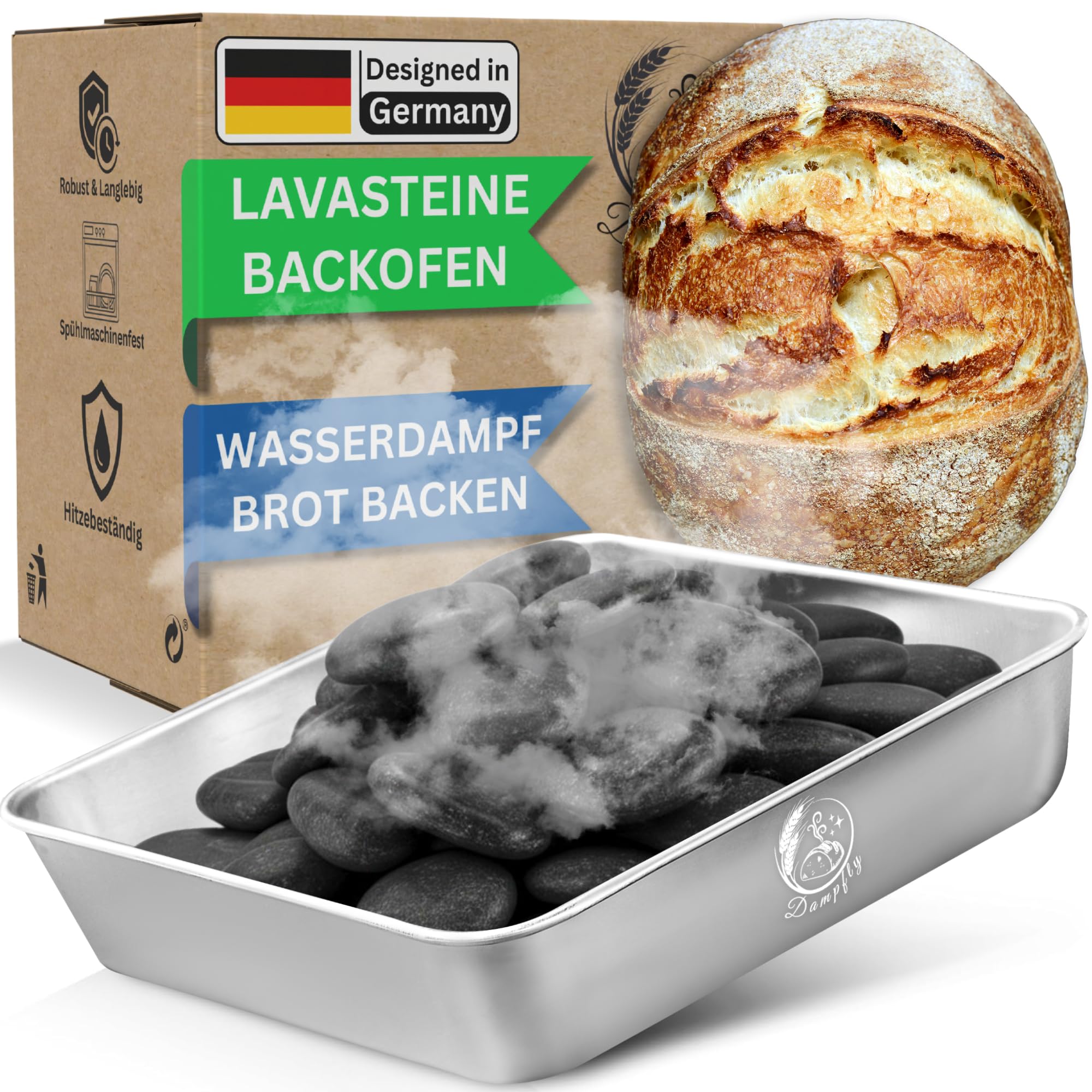 Dampfly Dampfschüssel Lavastein-Backofen-Set: Perfektes Brot backen mit Wasserdampf – Knuspriges Brot & Gebäck wie vom Profi Bäcker (Silber black stones)