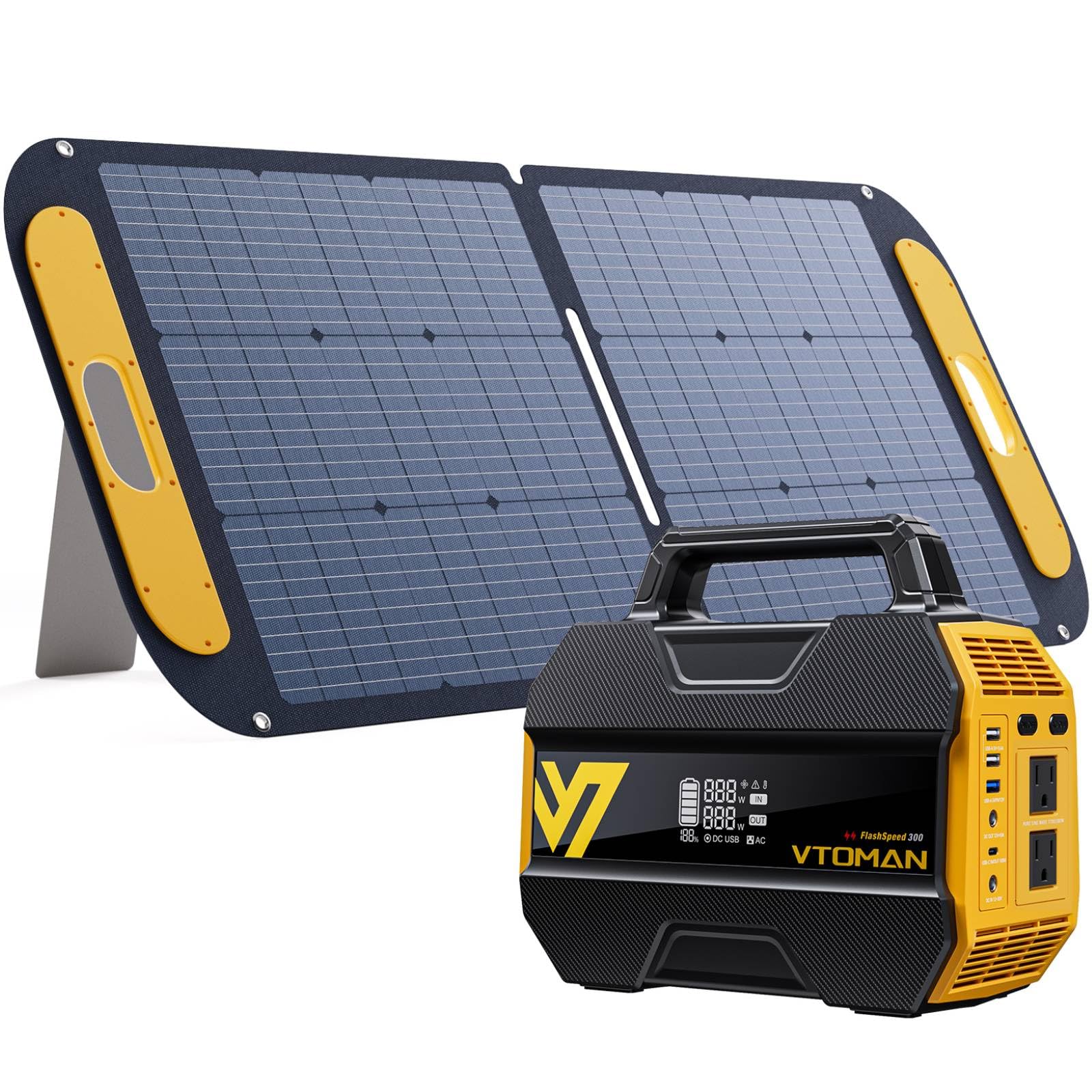 VTOMAN FlashSpeed 300 Portable Power Station with 110W Solar Panel, 300W/230Wh LiFePO4 Battery Solar Generator, PD 100W Type-C, 3000 Cycles, 6 Outlets for Camping, Home Backup, Off-grid