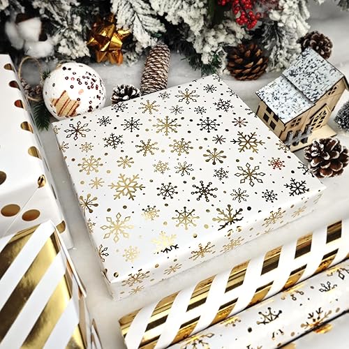 Miniatura 6 de LDGOOAEL Mini rollo pequeño de papel de regalo de Navidad (17 x 120 pulgadas), diseño de copos de nieve de lámina dorada a rayas de lunares para