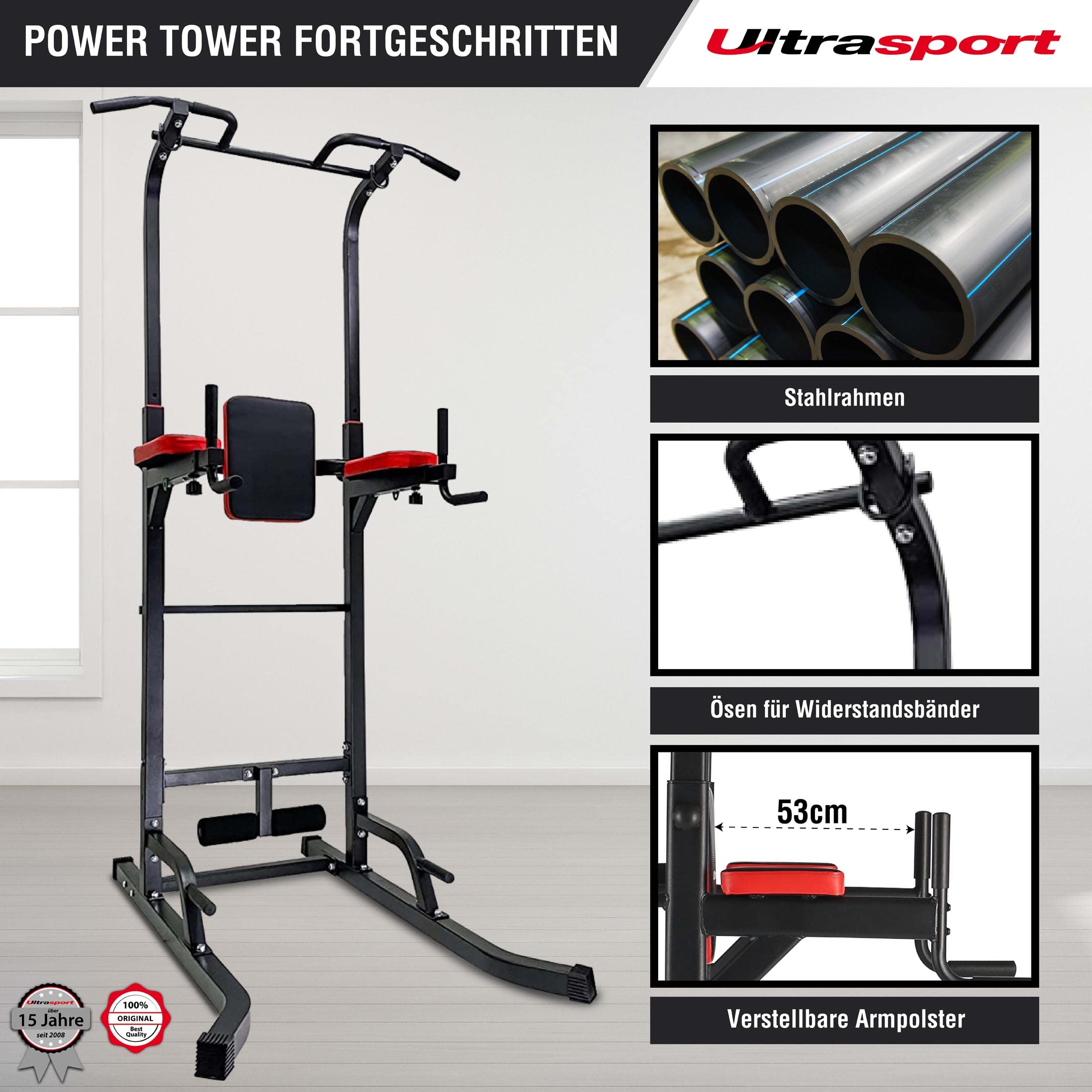 Ultrasport Power Tower, Klimmzug, Dip Station, Fitnessturm, höhenverstellbar, Heim Fitnessstudio, Kraftturm, verstellbar bis 150 kg Nutzergewicht