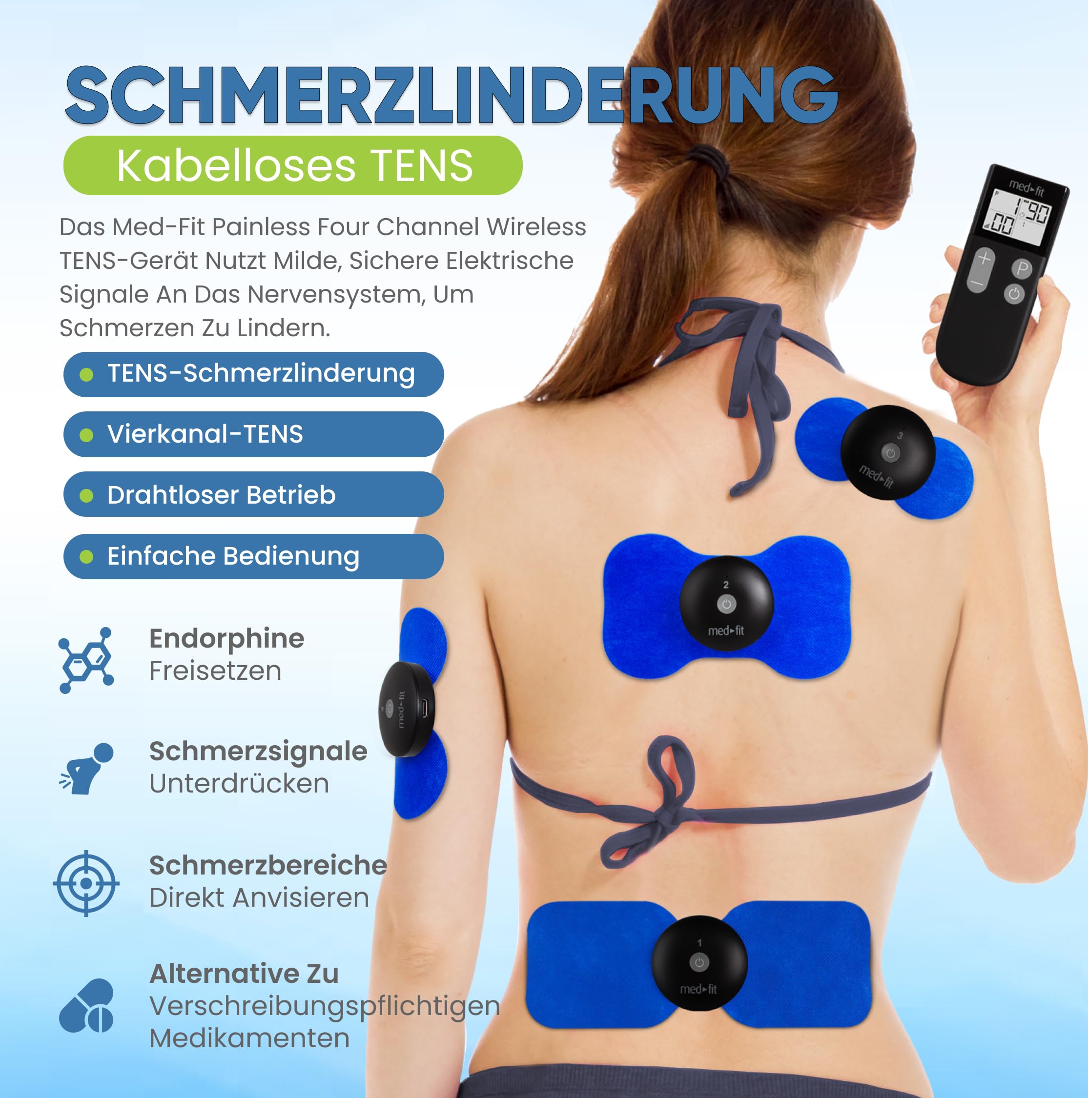 Med-Fit 4-K Wireless TENS Maschine zur Schmerzlinderung, Muskelentspannung & Schmerzmanagement - Behandeln Sie bis zu 4 Bereiche gleichzeitig für Ganzkörperbehandlung - Professionelle Kraft &