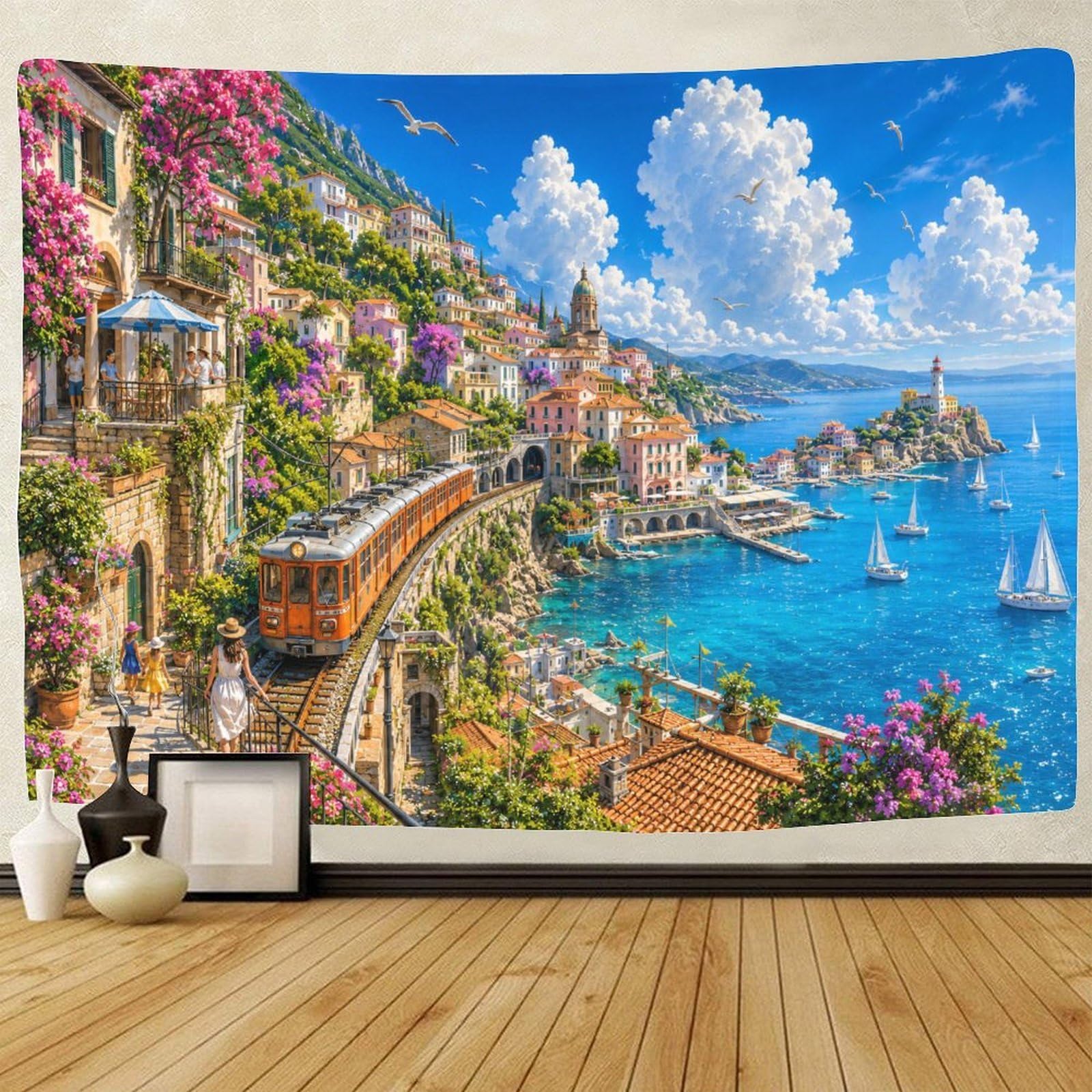 GPMNBCXZK Amalfi Coast Train Wall Hanging Decor Tapestry for Bedroom 3D Print Tapestries Poster Curtain Living Room Dorm 180cmx230cm