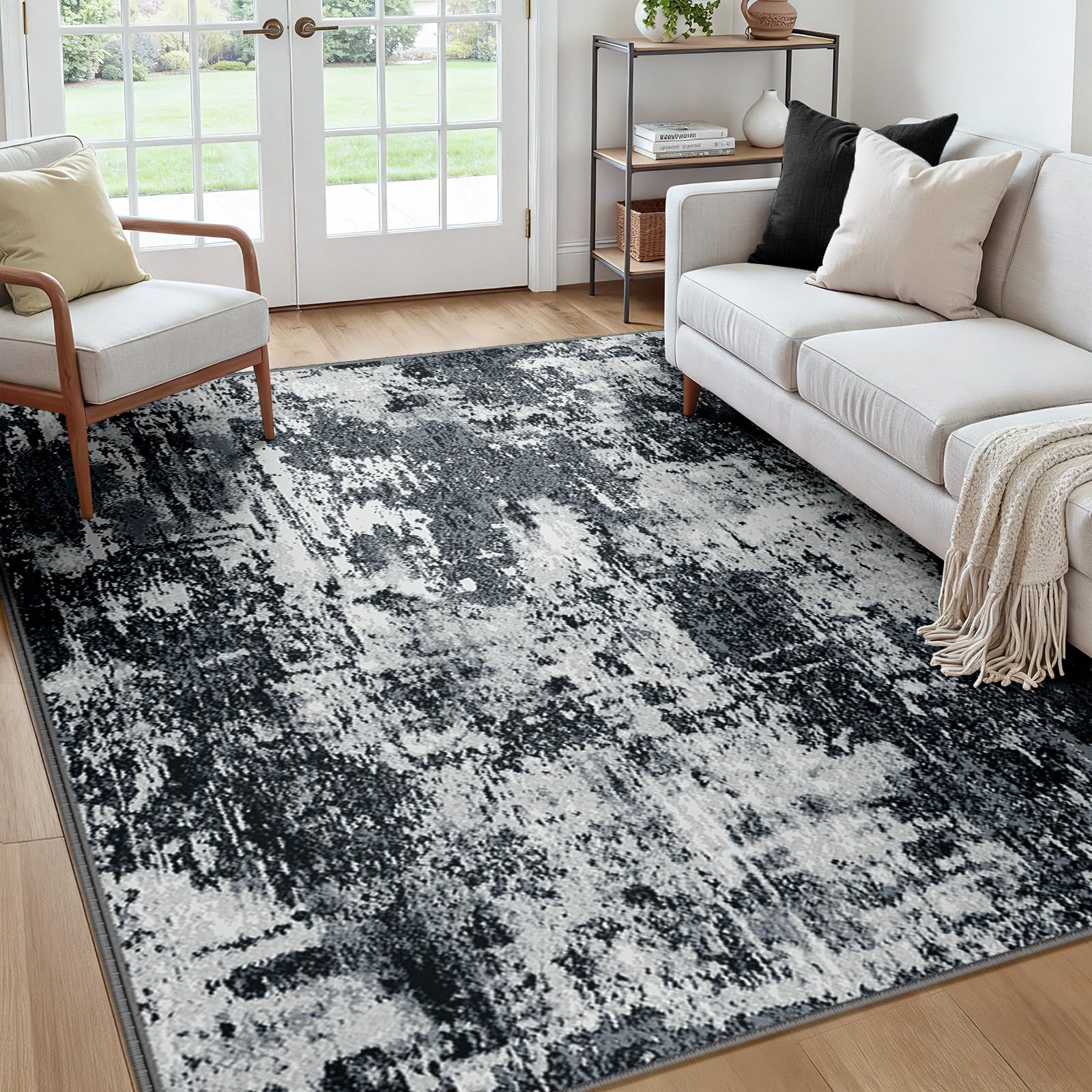 RELEANY Washable Square 7'x7' Area Rug for Living Room Black White | Carpet for Bedroom, Kitchen, Office, Hallway and Entryway, Printed Pattern, Non‑Slip, Soft, Stain‑Resistant, Easy to Clean