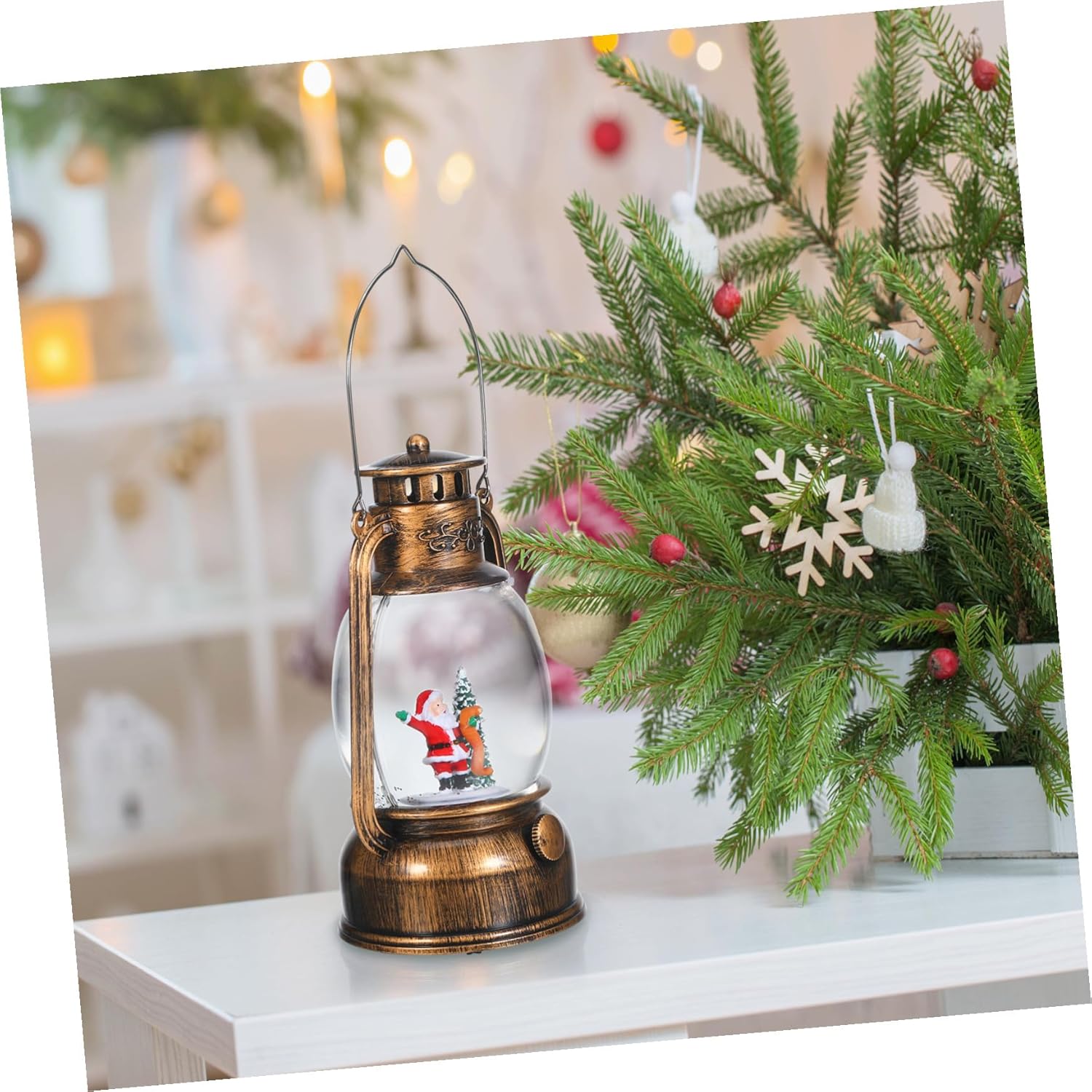 Zerodeko Rotating Musical Snow Globe Lantern with Glittering Lights Christmas Santa Claus Decoration USB Battery Operated Festive Music Box for Holiday Tabletop Mantel Accent