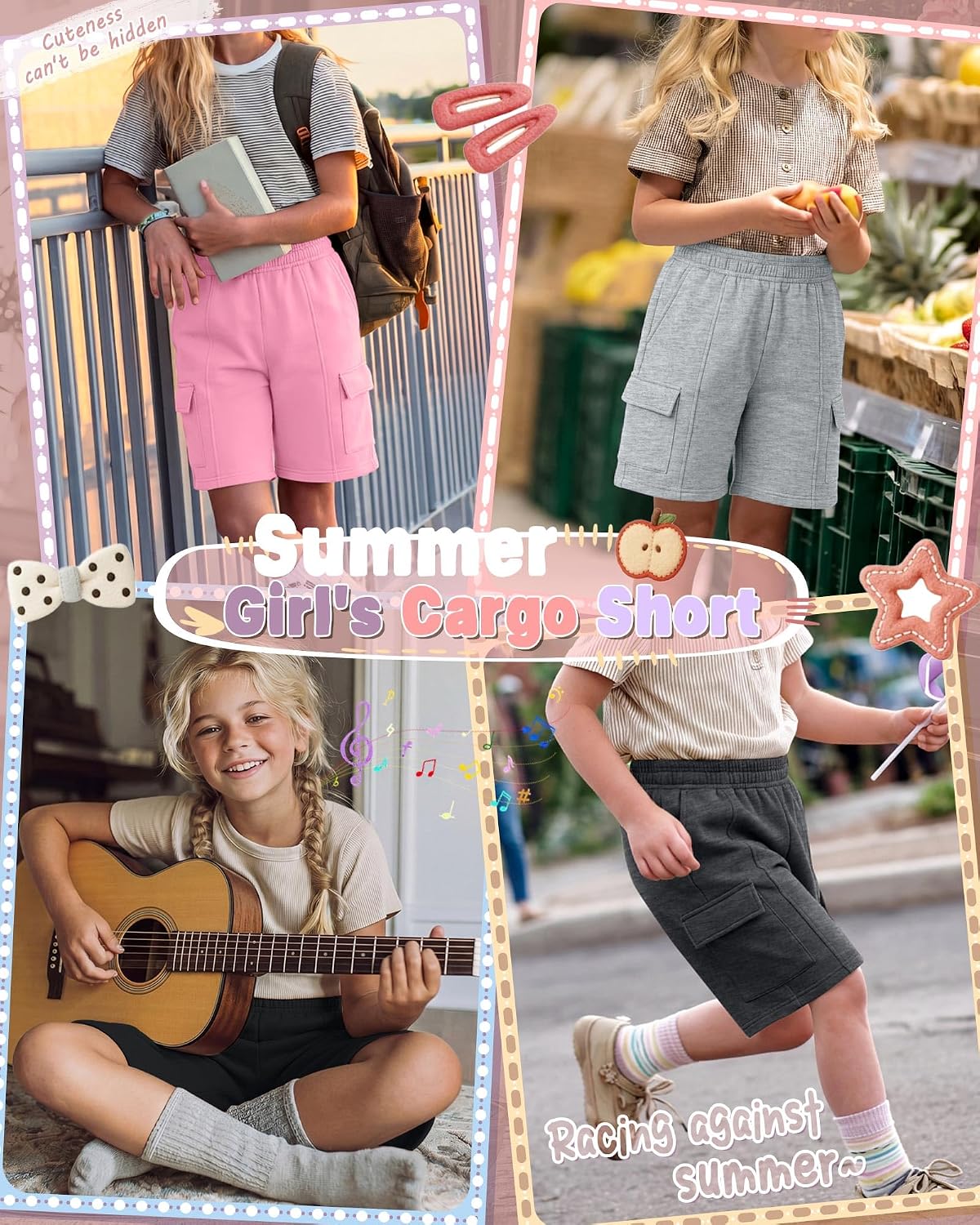 Yooo's Vivi 4 Pack Girls Cargo Bermuda Shorts with Pockets Lightweight Summer Casual Athletic Shorts Back to School for 5-14Y