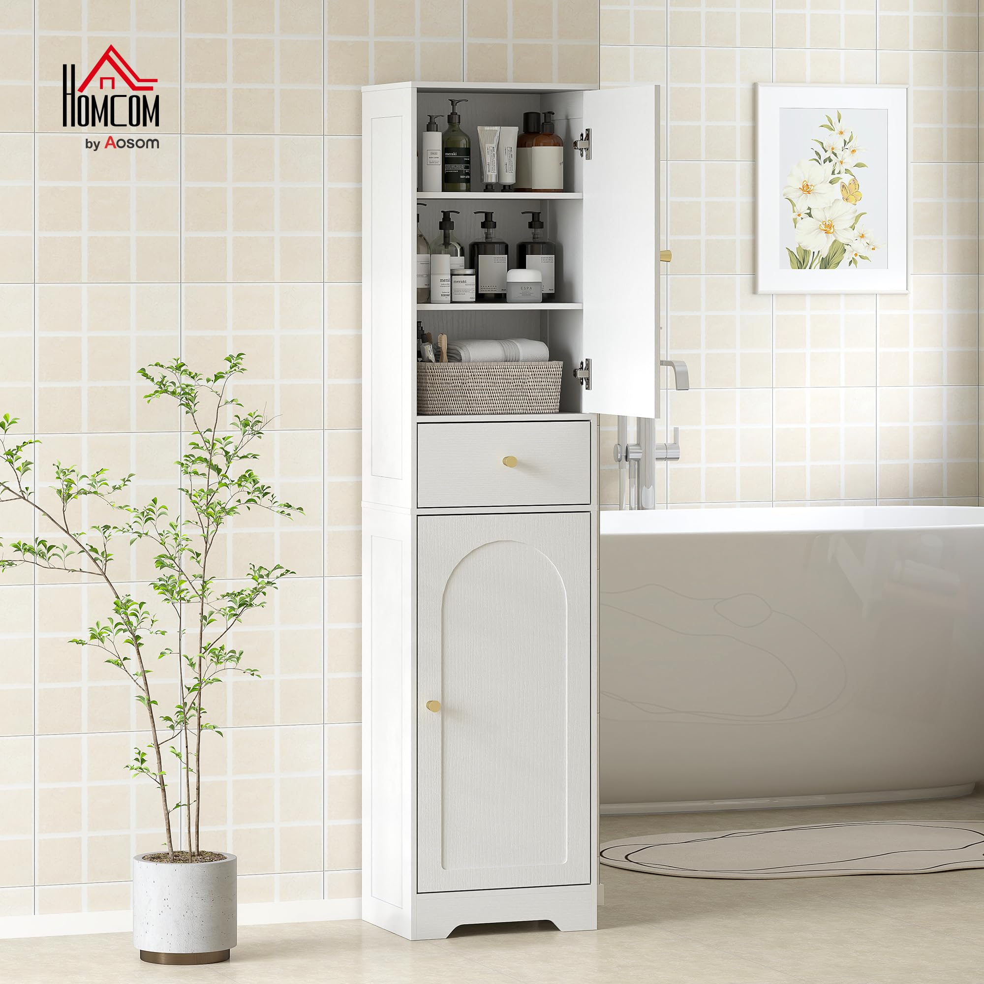 HOMCOM Armario Alto de Baño Estrecho Cajón 40x29,5x170 cm Blanco Veteado | 2 Puertas Arqueadas, Estantes Ajustables, Columna de Baño, Estilo Moderno, para Salón Aseo Cocina