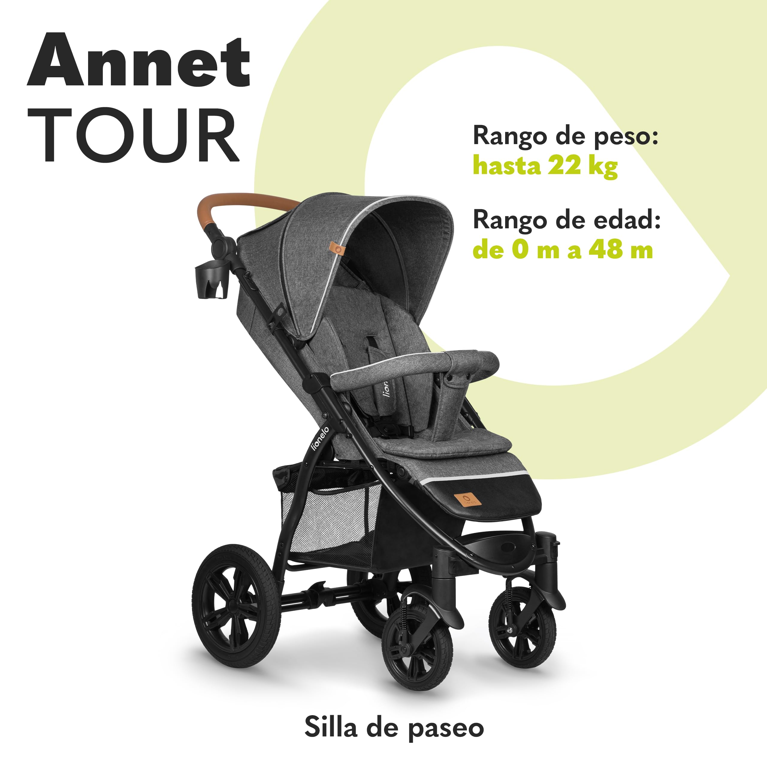 LIONELO Annet Tour Silla de paseo, bebe carro, hasta 22 kg, ajuste del respaldo a la posición tumbada, ruedas sin mantenimiento, capota impermeable XXL, cinturones de 5 puntos (gris)