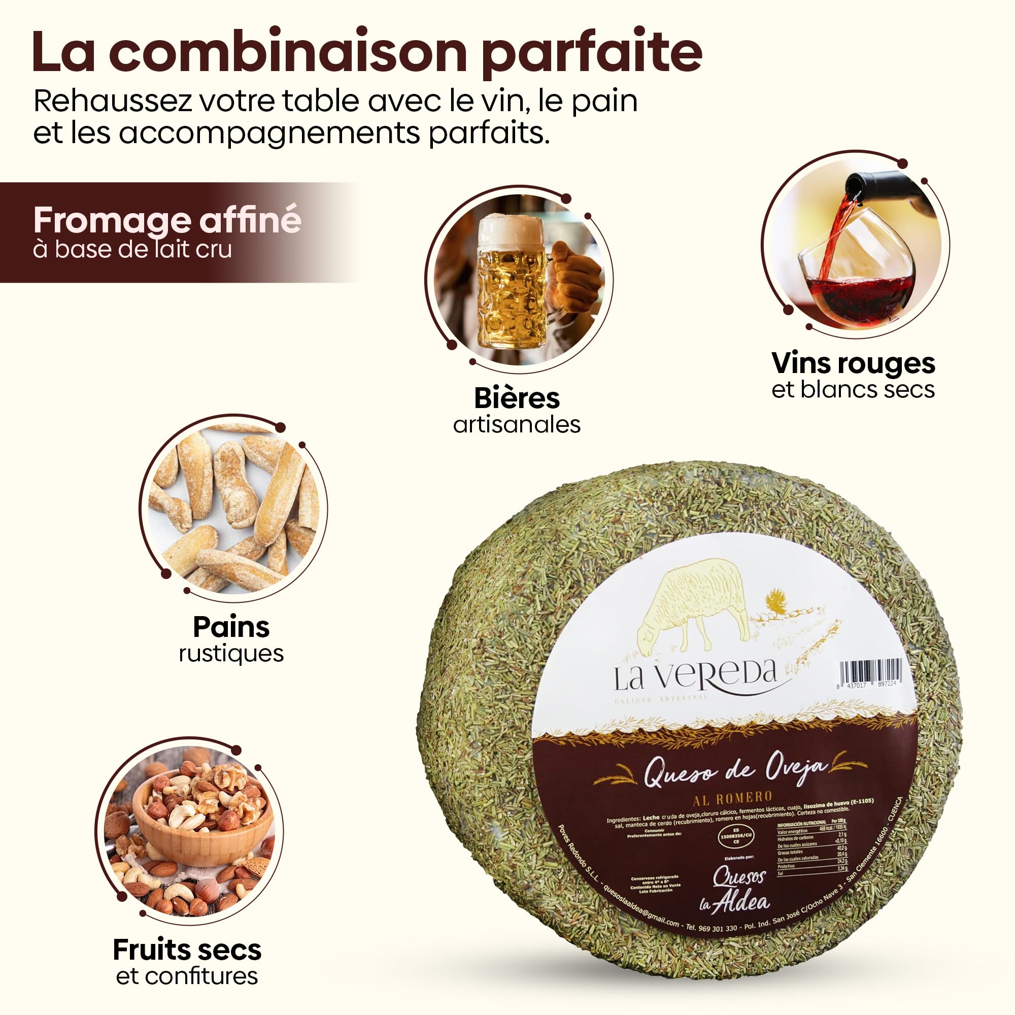 Fromages La Aldea | Fromage Affiné de Brebis au Beurre et au Romarin 1 kg | Affinage 6 Mois | Morceau de Fromage au Lait Cru Artisanal | Coffret Cadeau Gourmand, Panier de Fromages Gourmands Cadeau